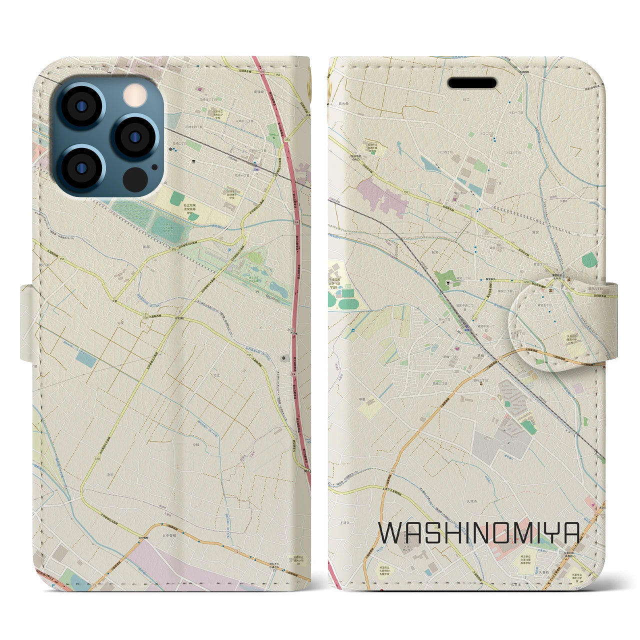 【鷲宮(埼玉県)】地図柄iPhoneケース(手帳タイプ)ナチュラル・iPhone 12 / 12 Pro 用