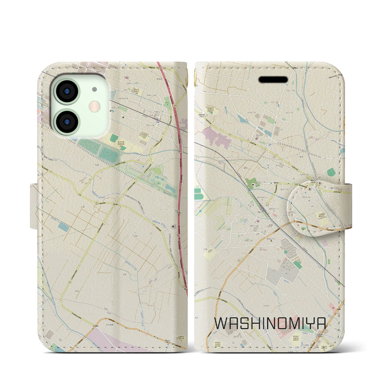 【鷲宮(埼玉県)】地図柄iPhoneケース(手帳タイプ)ナチュラル・iPhone 12 mini 用