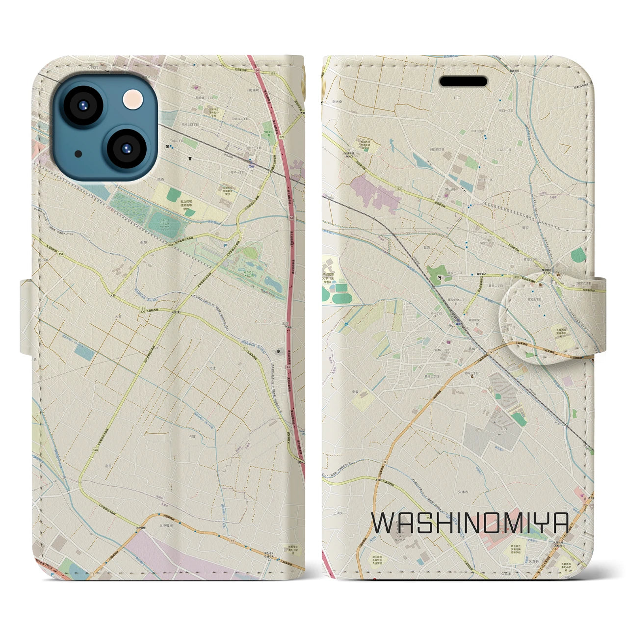 【鷲宮(埼玉県)】地図柄iPhoneケース(手帳タイプ)ナチュラル・iPhone 13 用
