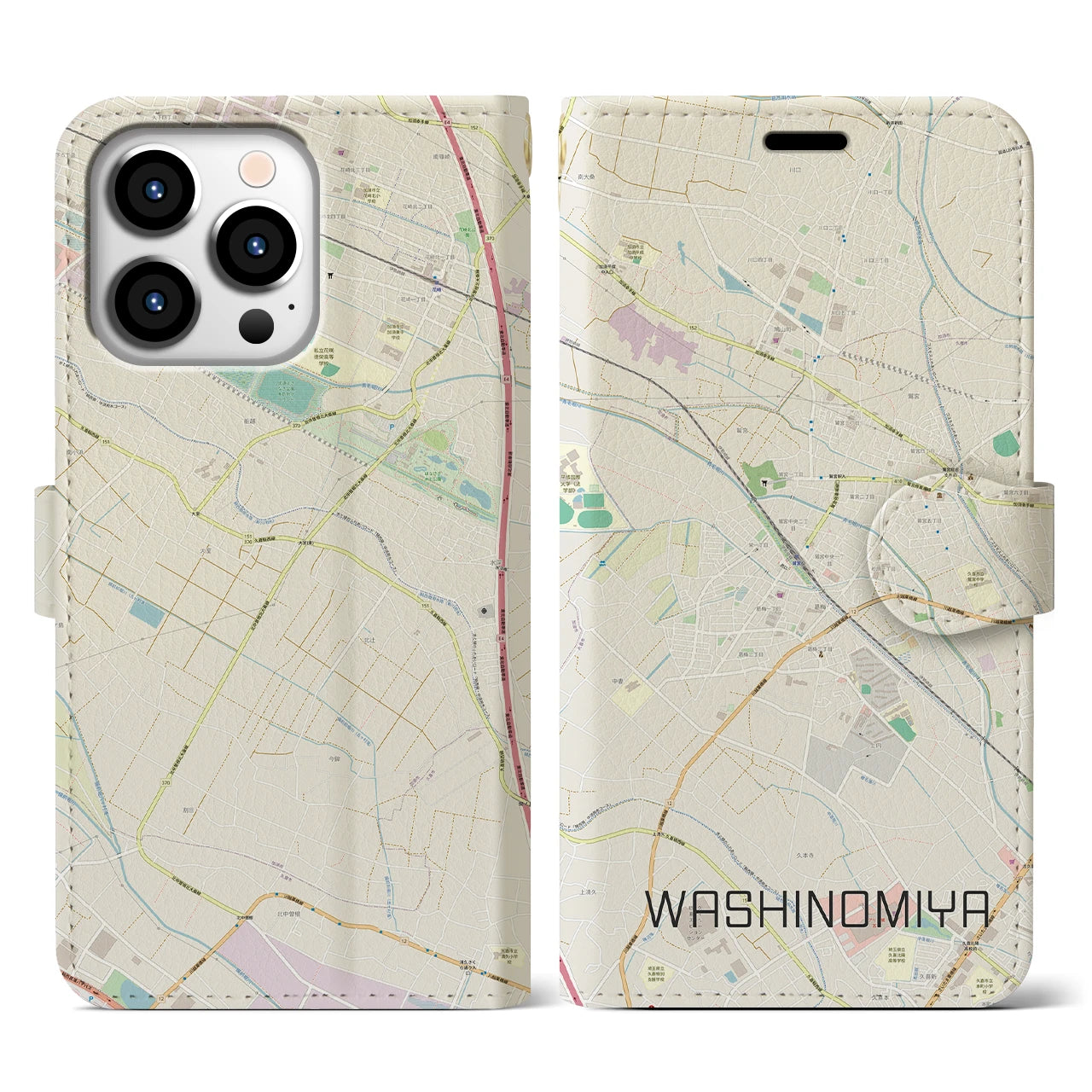 【鷲宮(埼玉県)】地図柄iPhoneケース(手帳タイプ)ナチュラル・iPhone 13 Pro 用