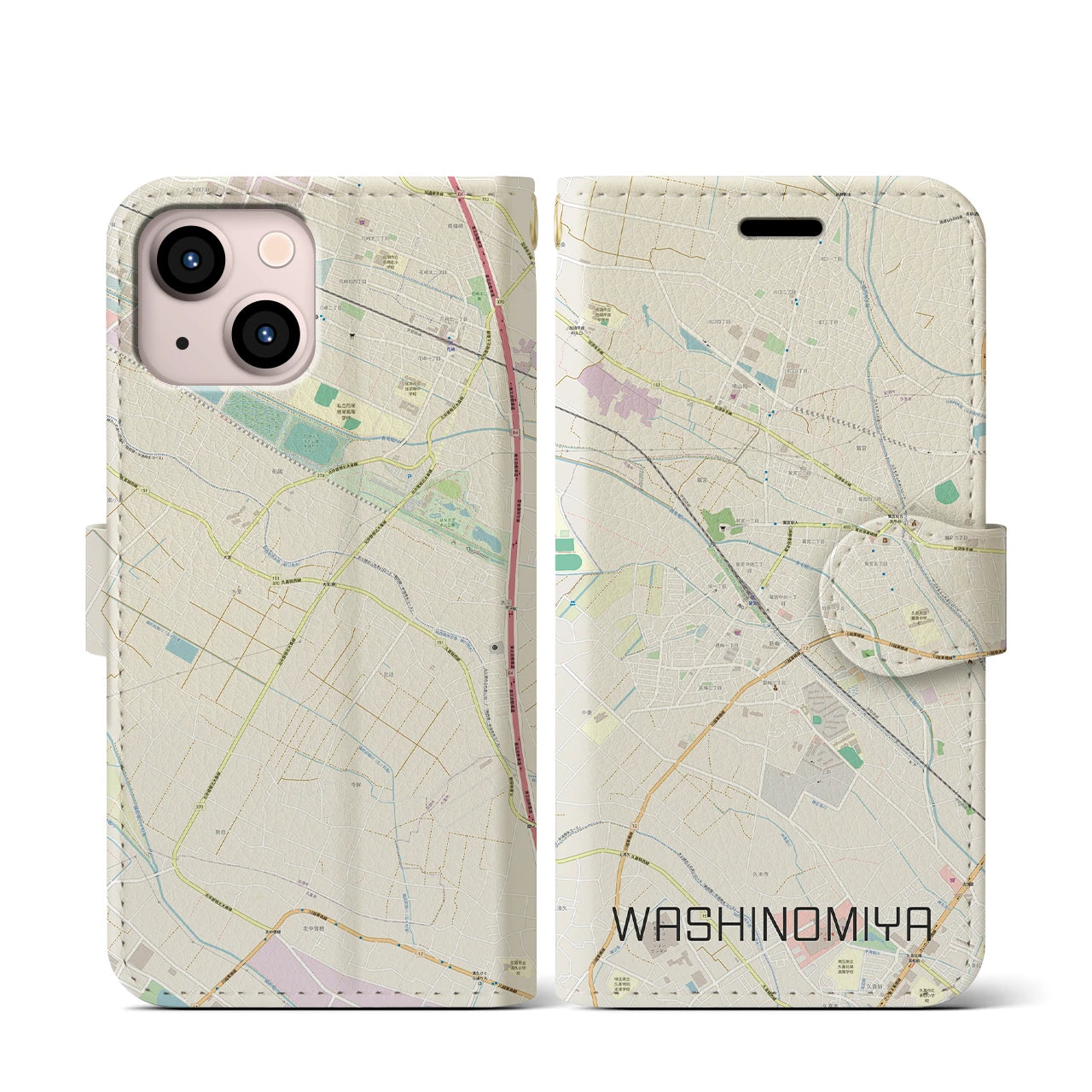【鷲宮(埼玉県)】地図柄iPhoneケース(手帳タイプ)ナチュラル・iPhone 13 mini 用