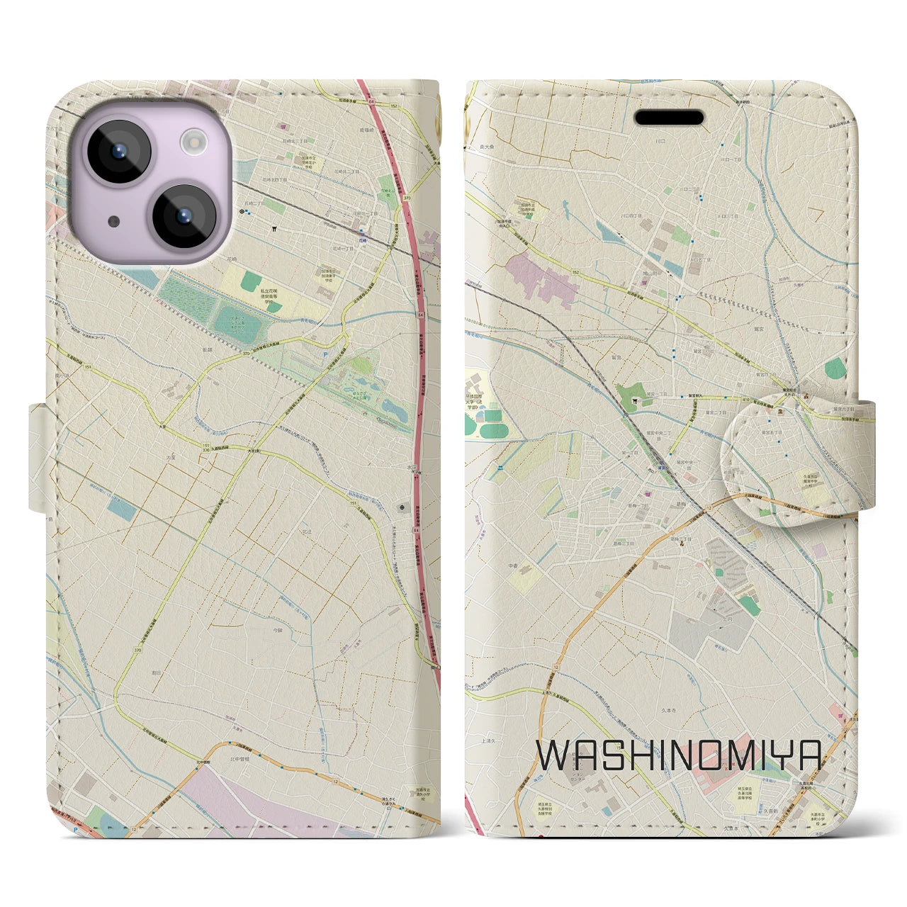 【鷲宮(埼玉県)】地図柄iPhoneケース(手帳タイプ)ナチュラル・iPhone 14 用