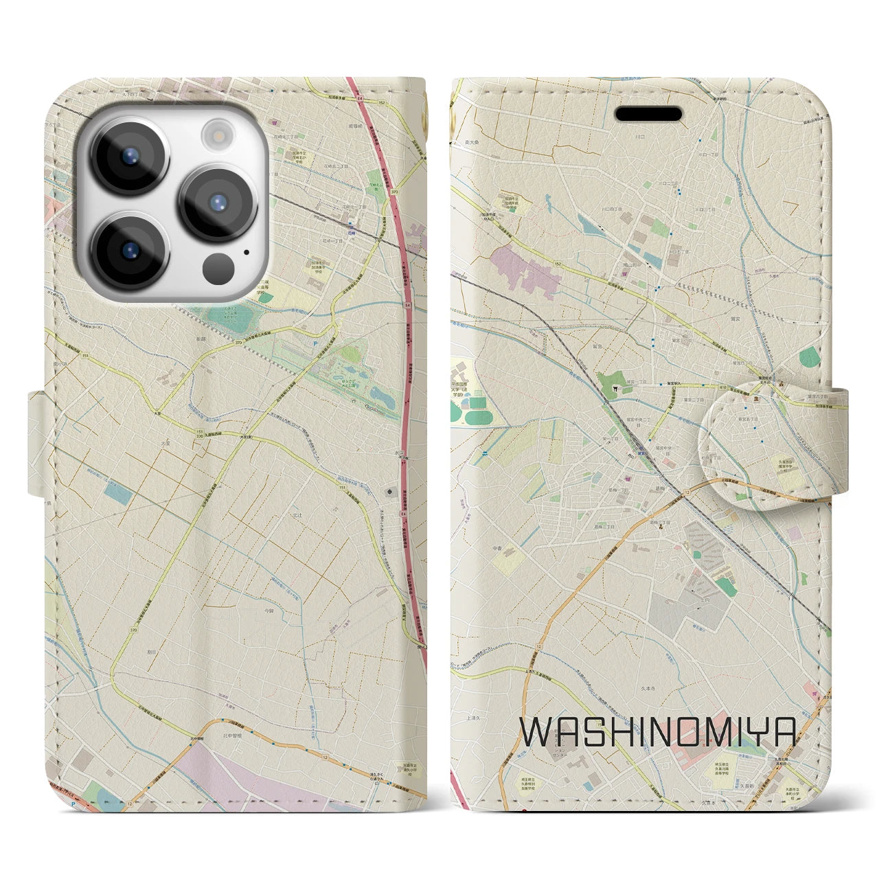【鷲宮(埼玉県)】地図柄iPhoneケース(手帳タイプ)ナチュラル・iPhone 14 Pro 用