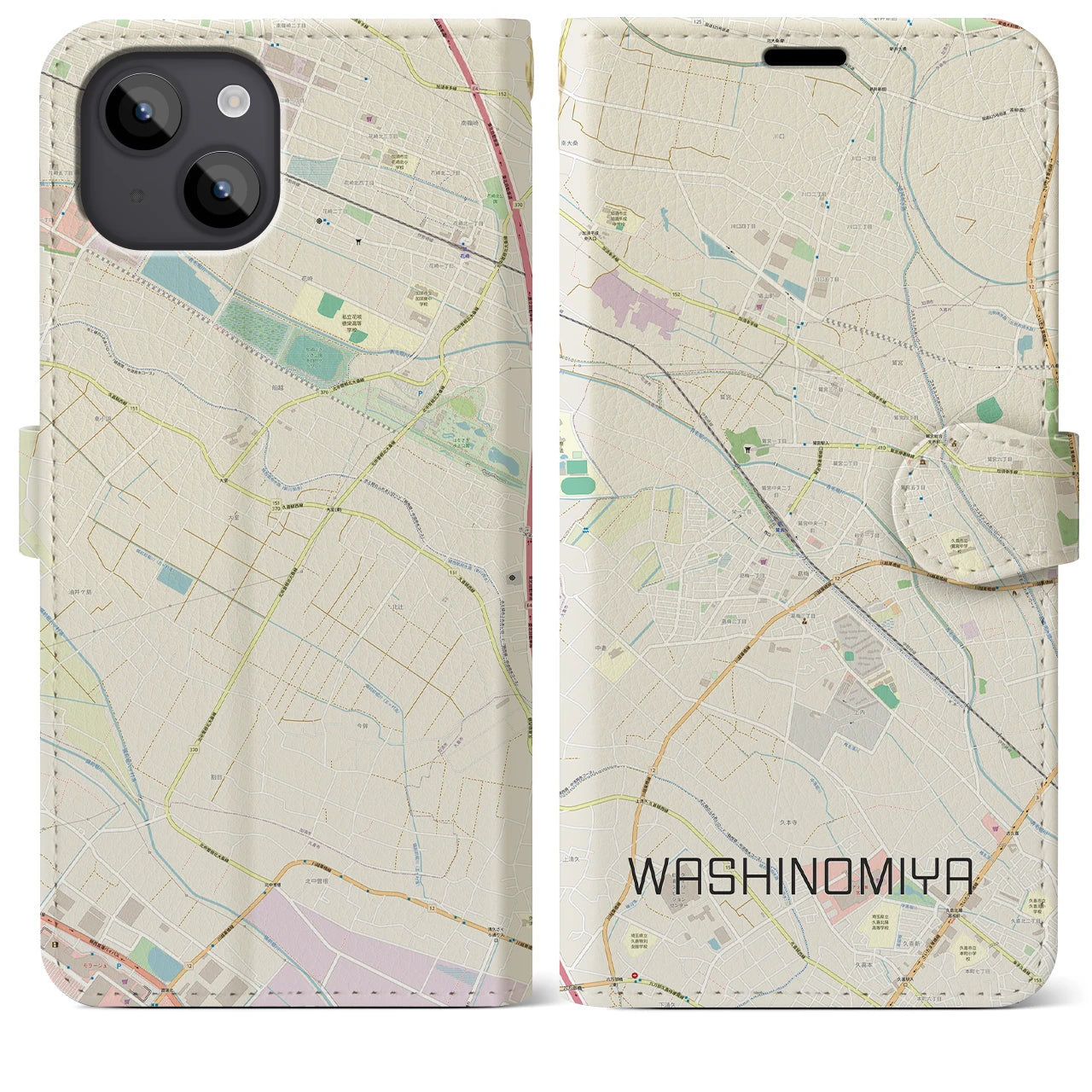 【鷲宮(埼玉県)】地図柄iPhoneケース(手帳タイプ)ナチュラル・iPhone 14 Plus 用