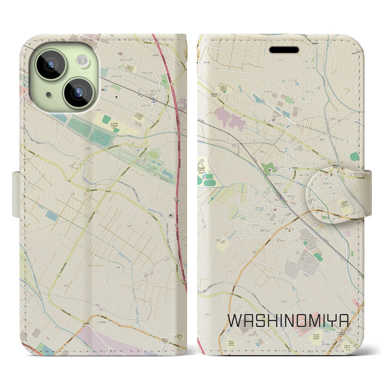 【鷲宮(埼玉県)】地図柄iPhoneケース(手帳タイプ)ナチュラル・iPhone 15 用