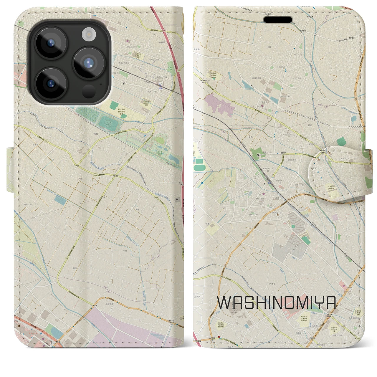 【鷲宮(埼玉県)】地図柄iPhoneケース(手帳タイプ)ナチュラル・iPhone 15 Pro Max 用