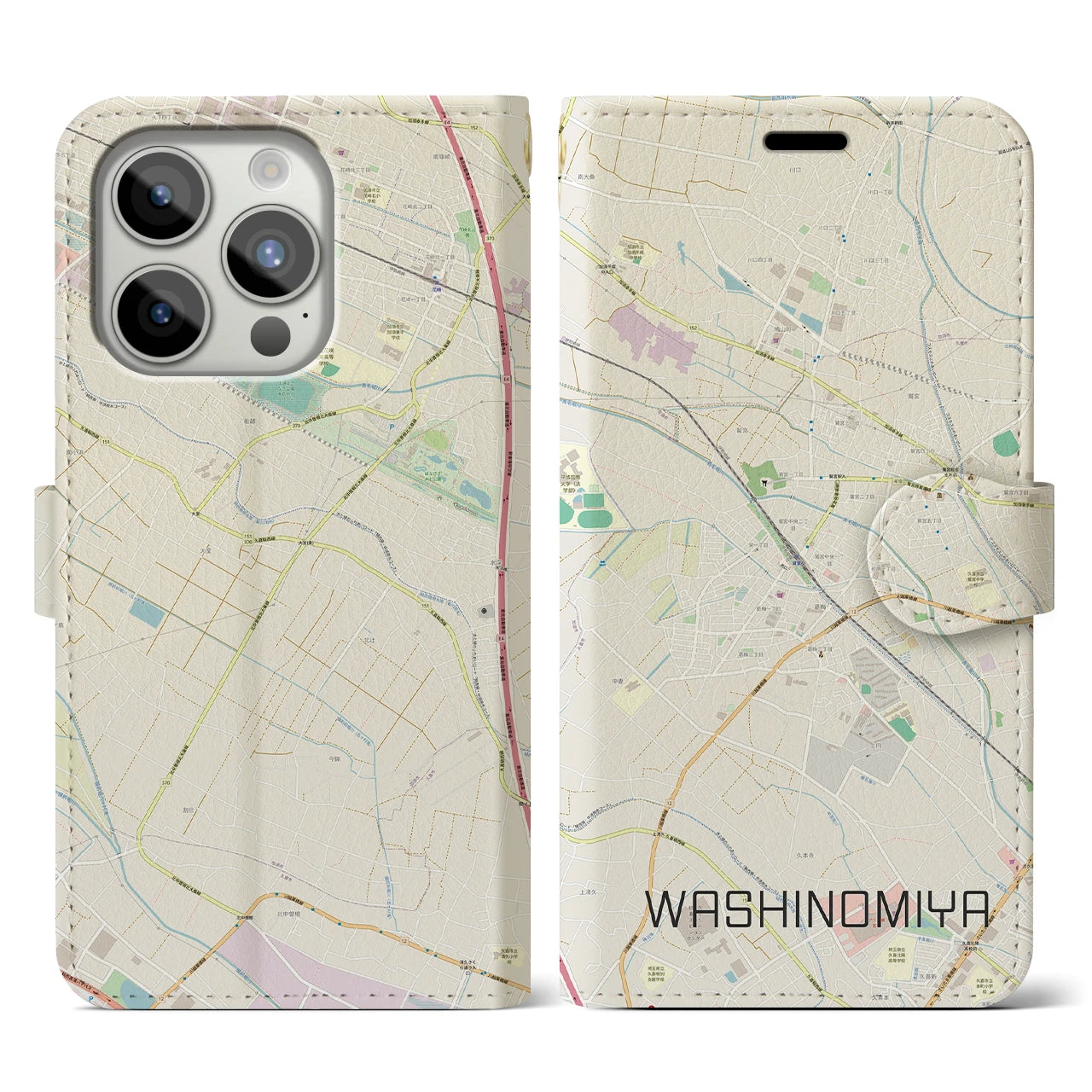 【鷲宮(埼玉県)】地図柄iPhoneケース(手帳タイプ)ナチュラル・iPhone 15 Pro 用