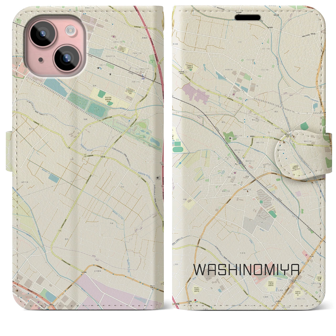 【鷲宮(埼玉県)】地図柄iPhoneケース(手帳タイプ)ナチュラル・iPhone 15 Plus 用