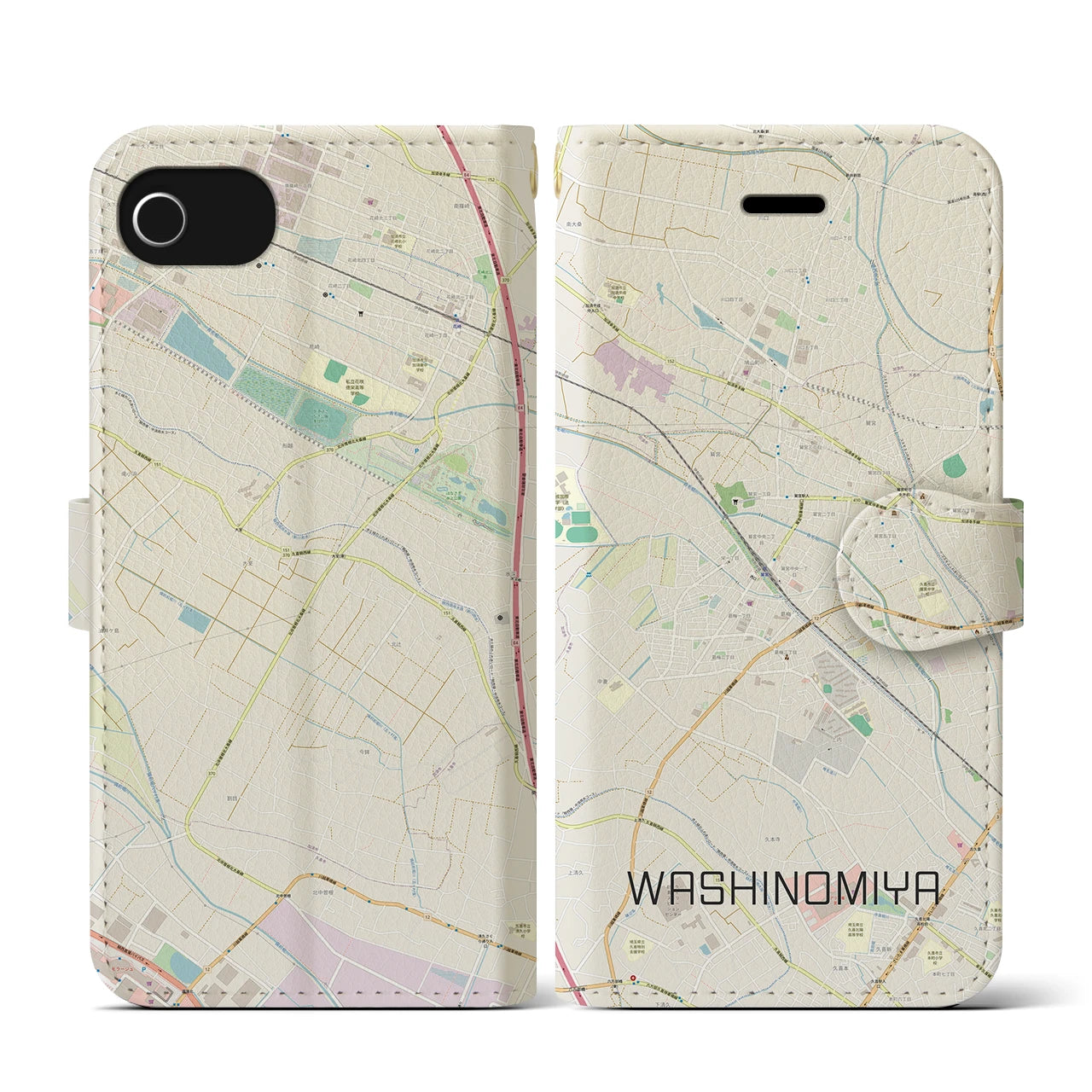 【鷲宮(埼玉県)】地図柄iPhoneケース(手帳タイプ)ナチュラル・iPhone SE(第3 / 第2世代) / 8 / 7 / 6s / 6 用