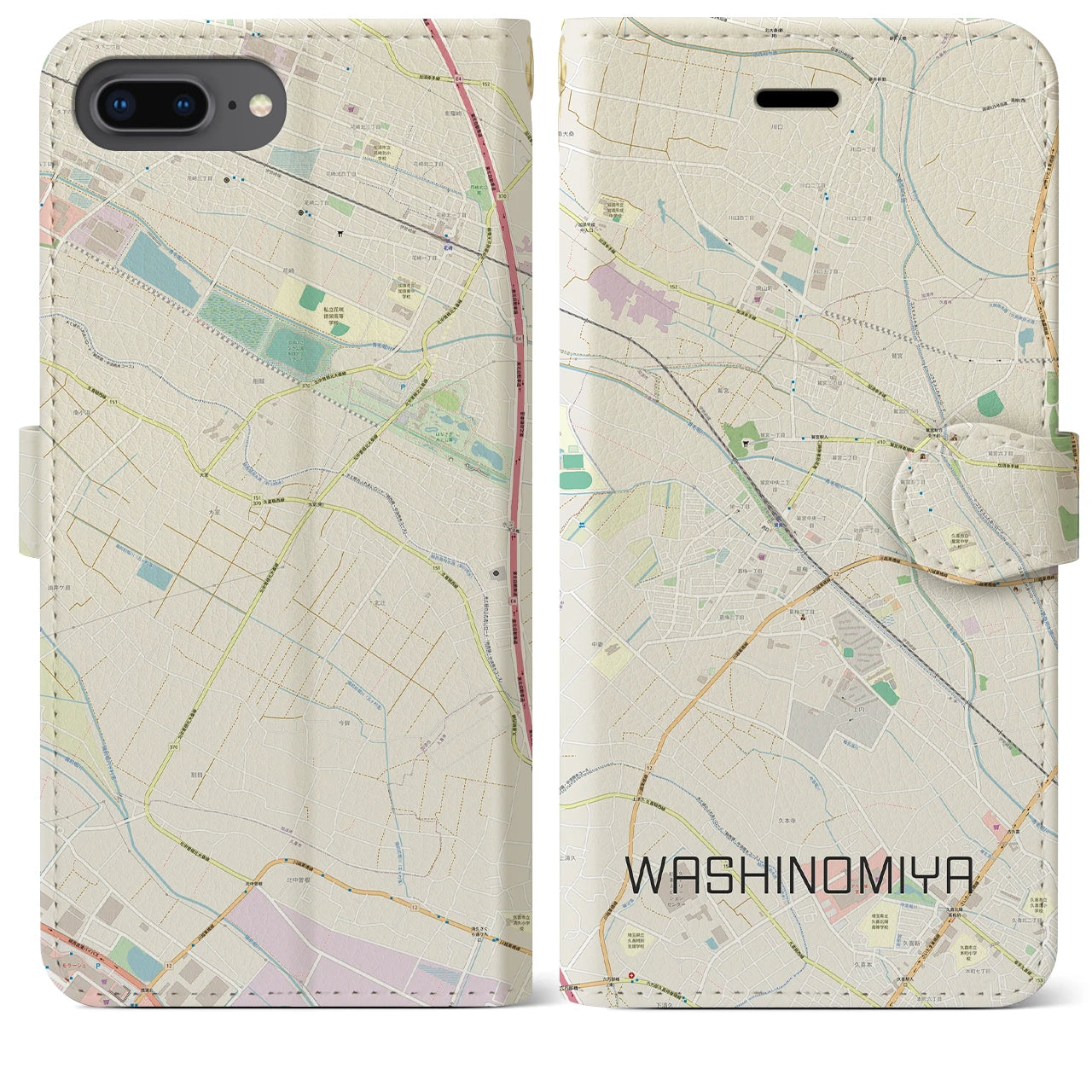 【鷲宮(埼玉県)】地図柄iPhoneケース(手帳タイプ)ナチュラル・iPhone 8Plus /7Plus / 6sPlus / 6Plus 用