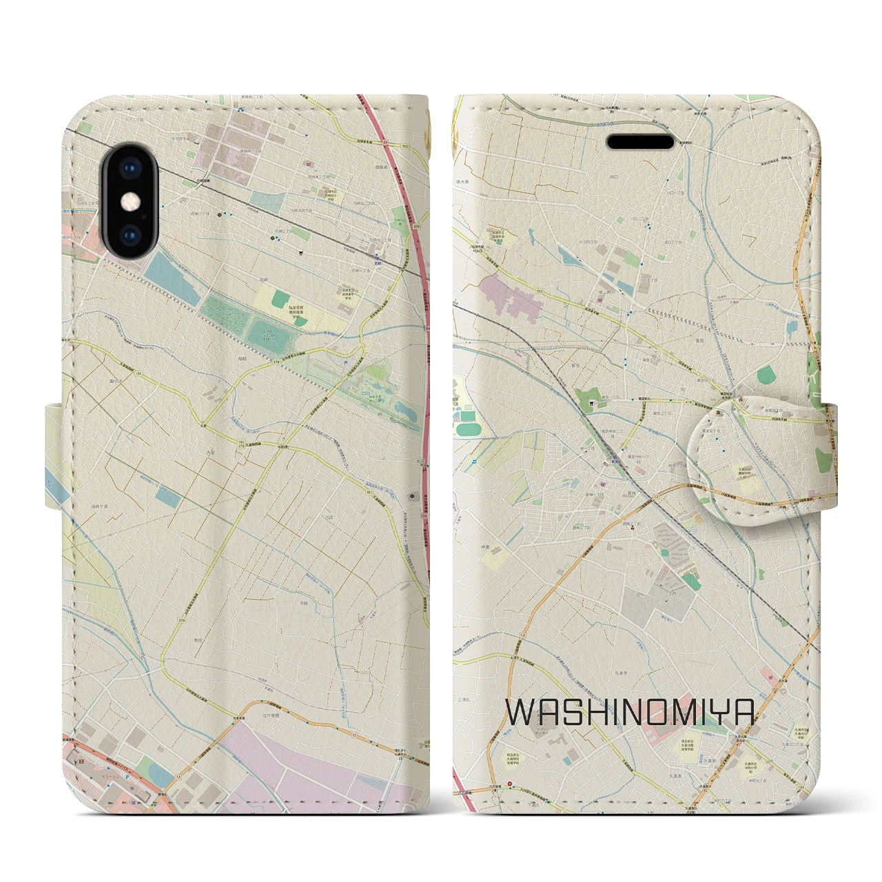 【鷲宮(埼玉県)】地図柄iPhoneケース(手帳タイプ)ナチュラル・iPhone XS / X 用