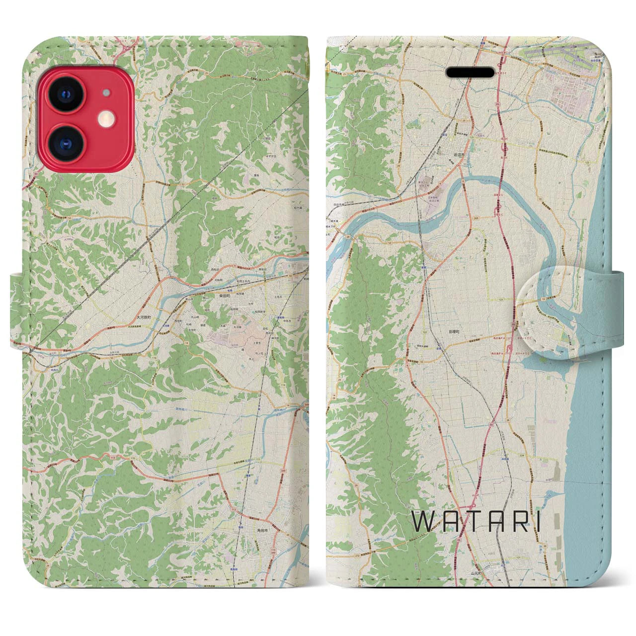 【亘理(宮城県)】地図柄iPhoneケース(手帳タイプ)ナチュラル・iPhone 11 用