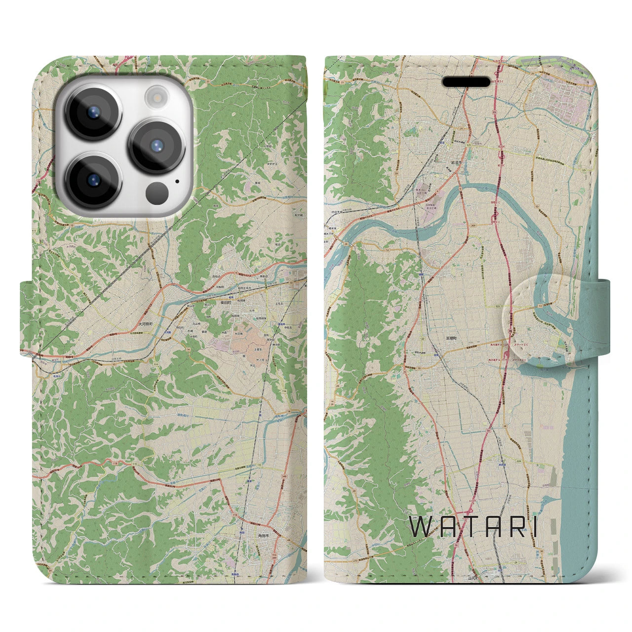 【亘理(宮城県)】地図柄iPhoneケース(手帳タイプ)ナチュラル・iPhone 14 Pro 用