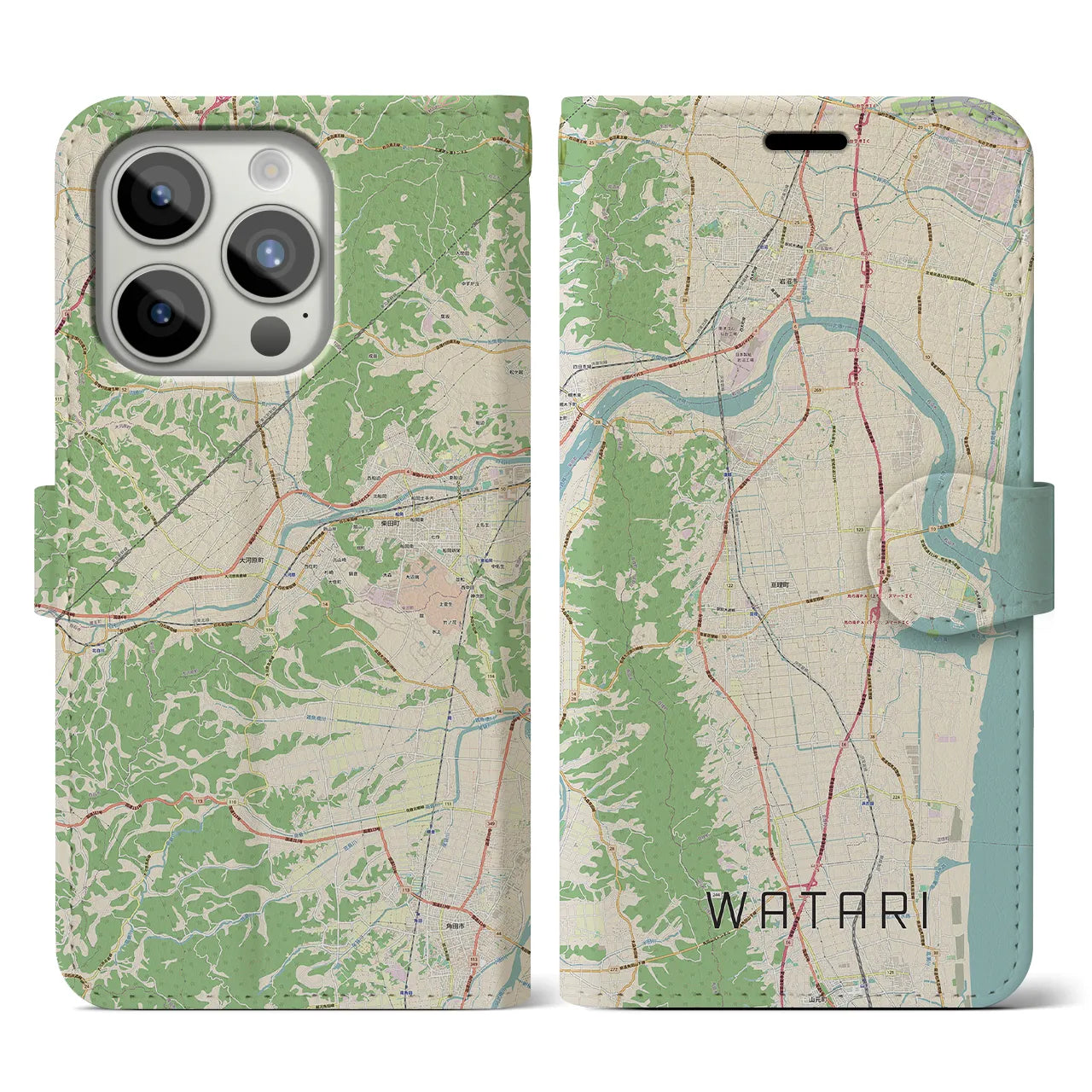 【亘理(宮城県)】地図柄iPhoneケース(手帳タイプ)ナチュラル・iPhone 15 Pro 用
