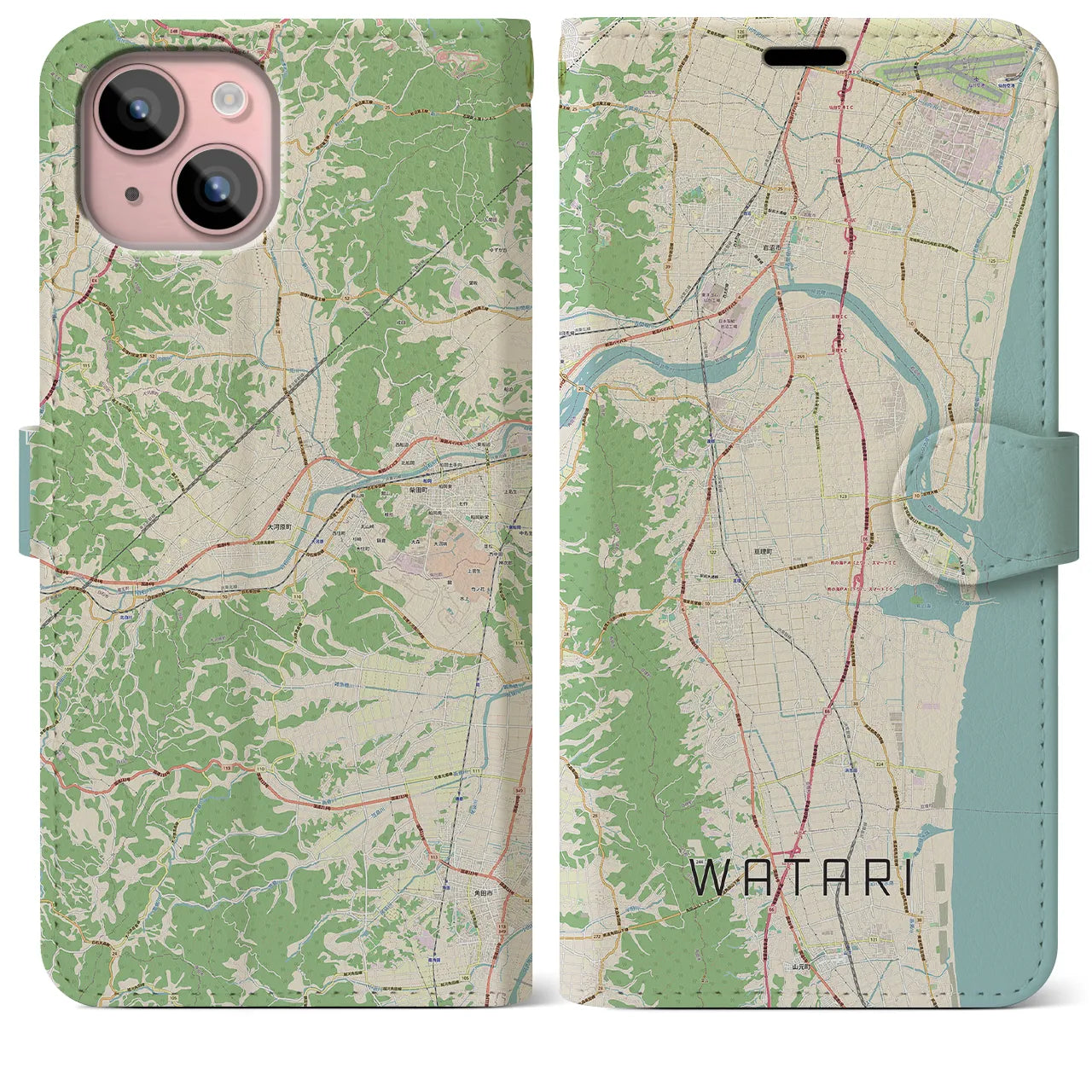 【亘理(宮城県)】地図柄iPhoneケース(手帳タイプ)ナチュラル・iPhone 15 Plus 用