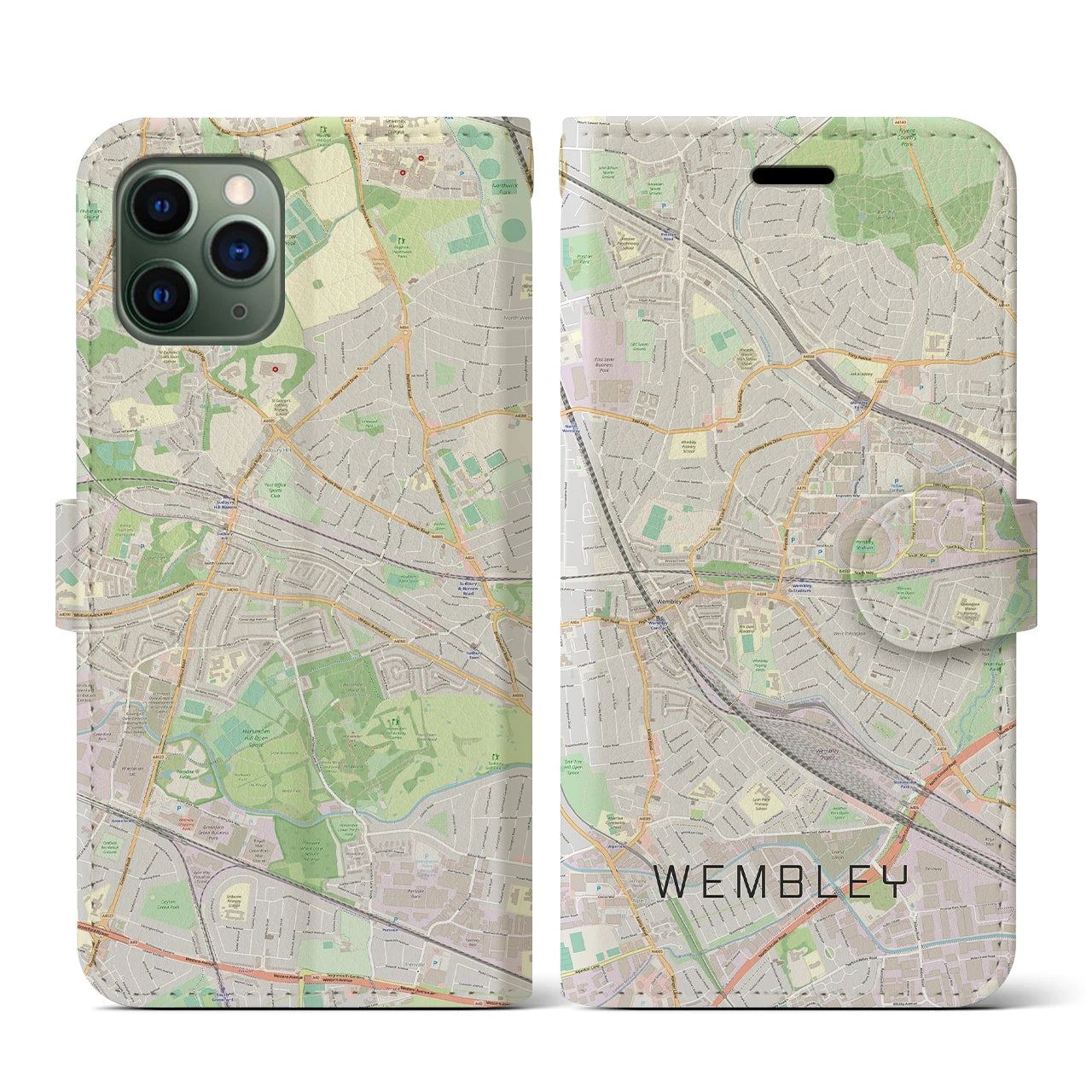 【ウェンブリー(イギリス)】地図柄iPhoneケース(手帳タイプ)ナチュラル・iPhone 11 Pro 用