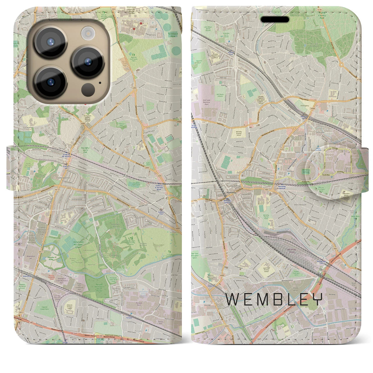 【ウェンブリー(イギリス)】地図柄iPhoneケース(手帳タイプ)ナチュラル・iPhone 14 Pro Max 用