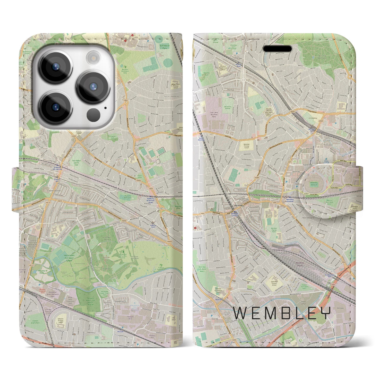 【ウェンブリー(イギリス)】地図柄iPhoneケース(手帳タイプ)ナチュラル・iPhone 14 Pro 用