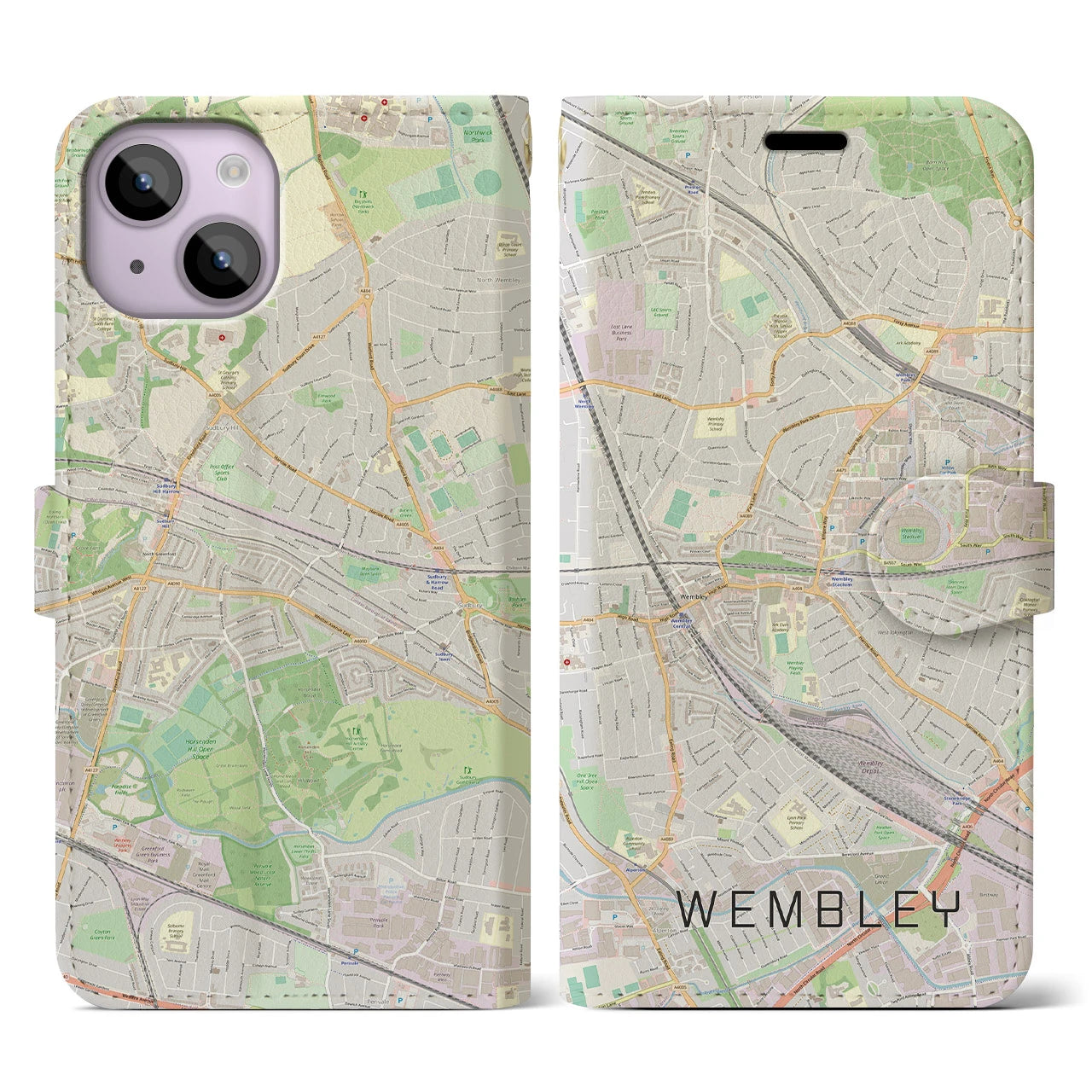 【ウェンブリー(イギリス)】地図柄iPhoneケース(手帳タイプ)ナチュラル・iPhone 14 用