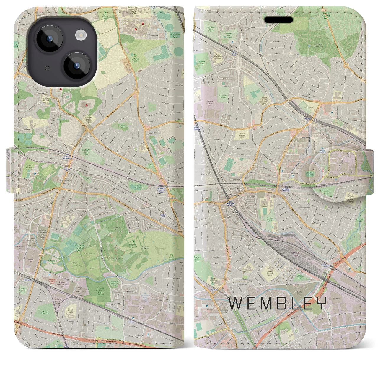 【ウェンブリー(イギリス)】地図柄iPhoneケース(手帳タイプ)ナチュラル・iPhone 14 Plus 用