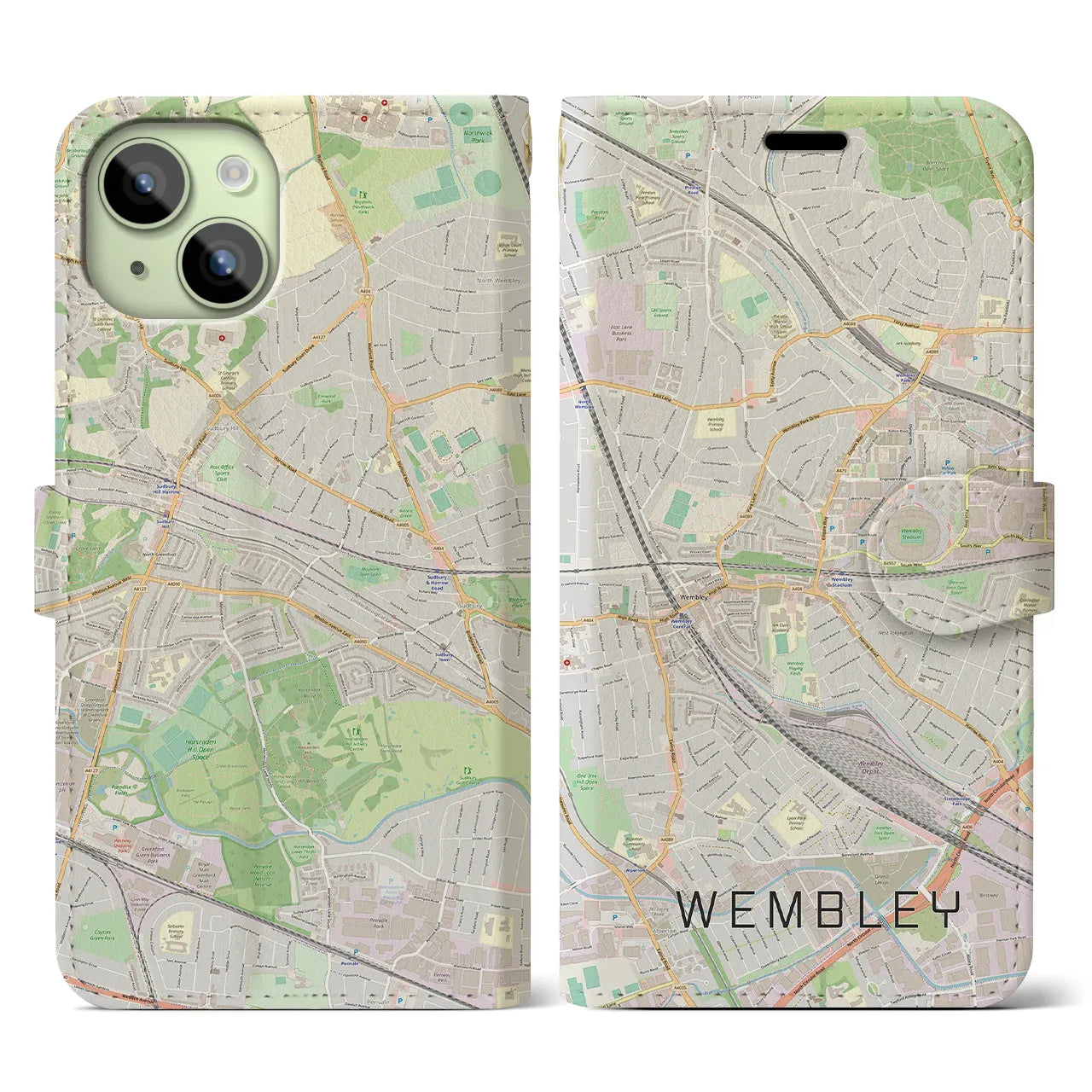 【ウェンブリー(イギリス)】地図柄iPhoneケース(手帳タイプ)ナチュラル・iPhone 15 用