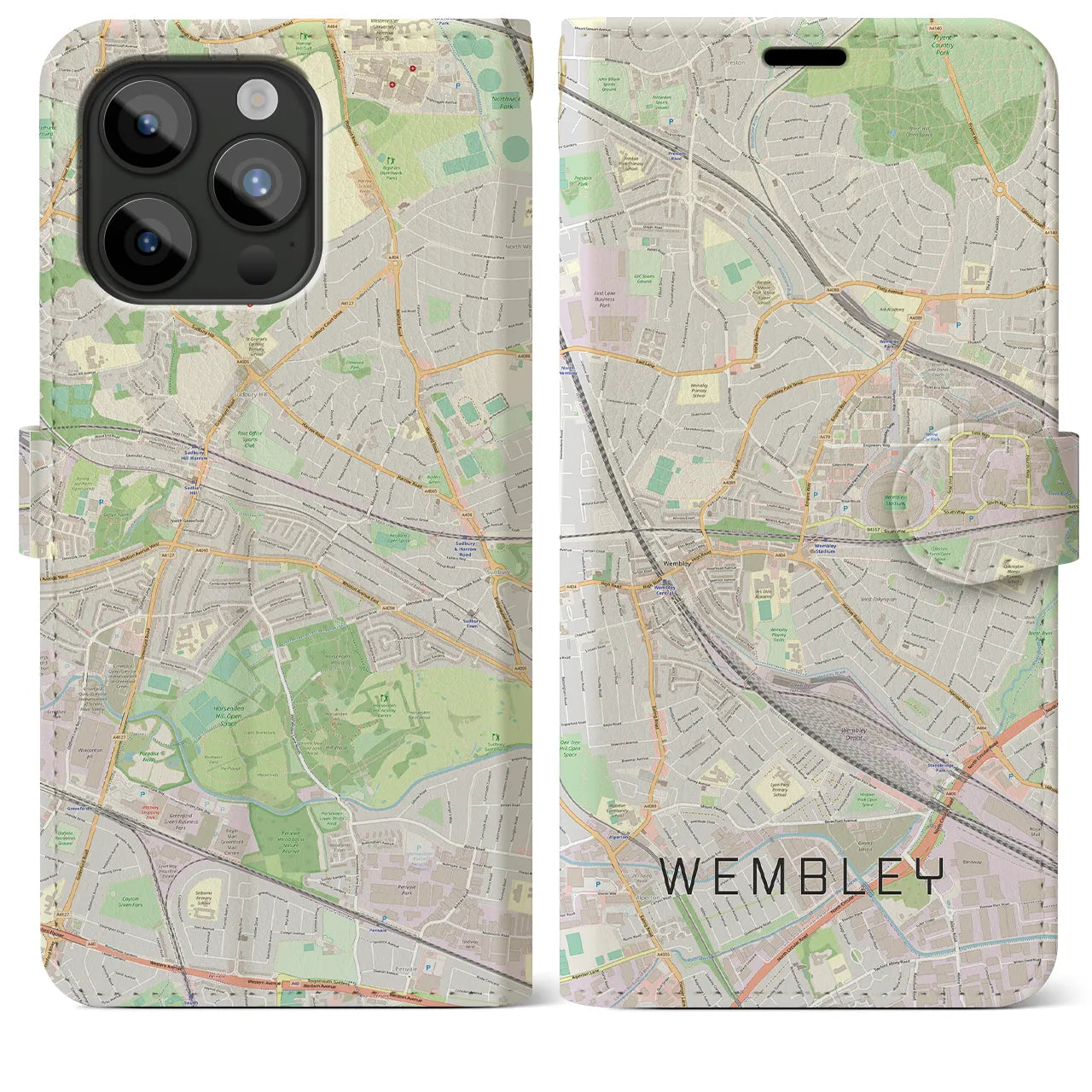 【ウェンブリー(イギリス)】地図柄iPhoneケース(手帳タイプ)ナチュラル・iPhone 15 Pro Max 用