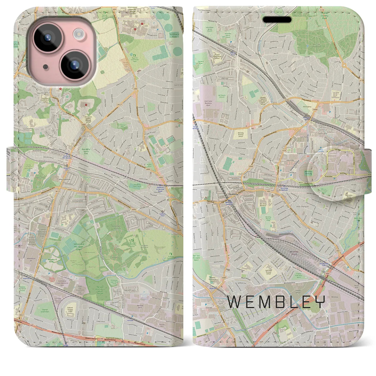 【ウェンブリー(イギリス)】地図柄iPhoneケース(手帳タイプ)ナチュラル・iPhone 15 Plus 用