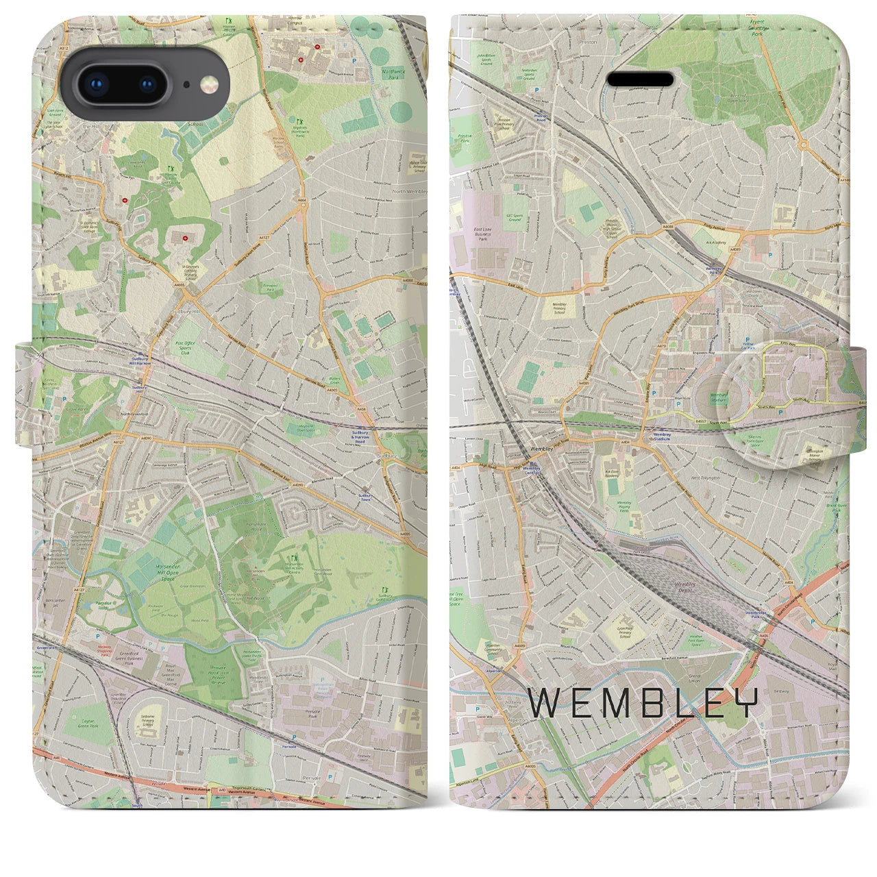 【ウェンブリー(イギリス)】地図柄iPhoneケース(手帳タイプ)ナチュラル・iPhone 8Plus /7Plus / 6sPlus / 6Plus 用