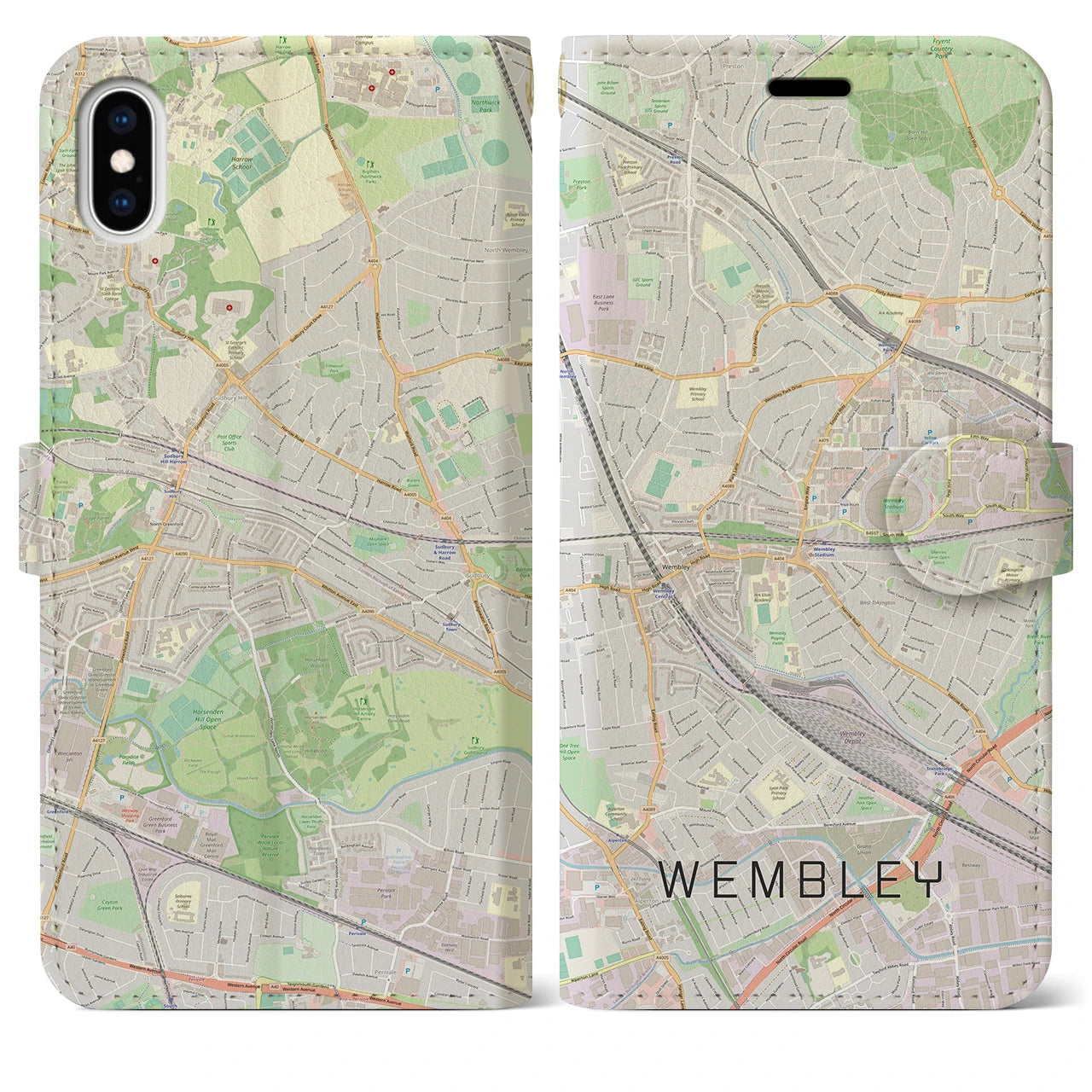 【ウェンブリー(イギリス)】地図柄iPhoneケース(手帳タイプ)ナチュラル・iPhone XS Max 用