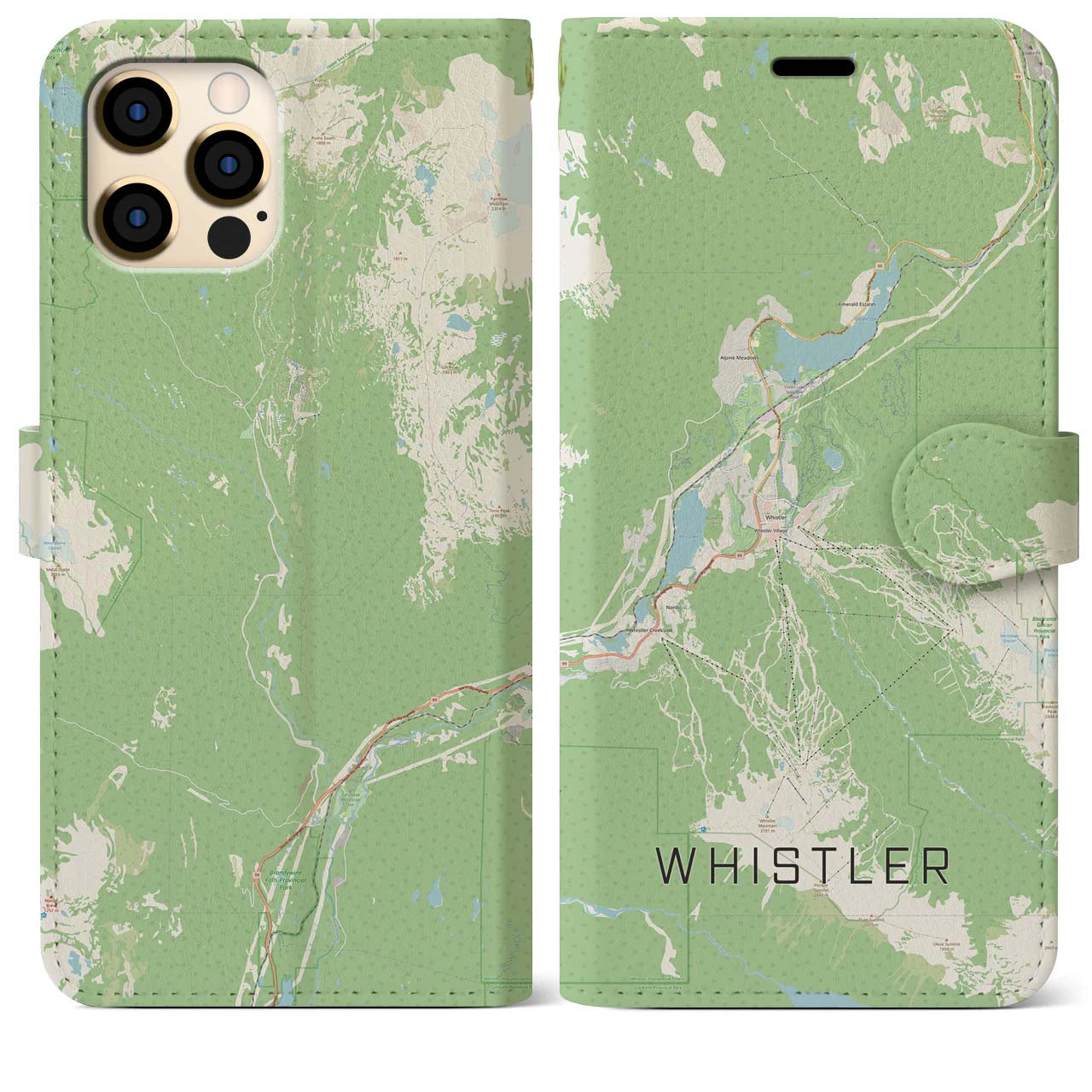 【ウィスラー(カナダ)】地図柄iPhoneケース(手帳タイプ)ナチュラル・iPhone 12 Pro Max 用