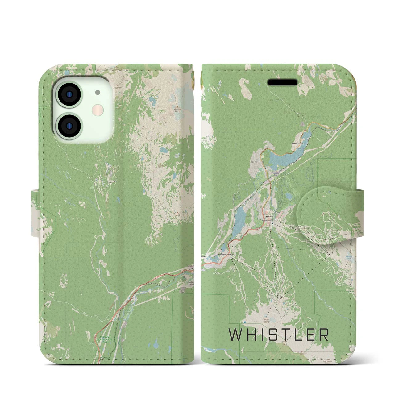 【ウィスラー(カナダ)】地図柄iPhoneケース(手帳タイプ)ナチュラル・iPhone 12 mini 用