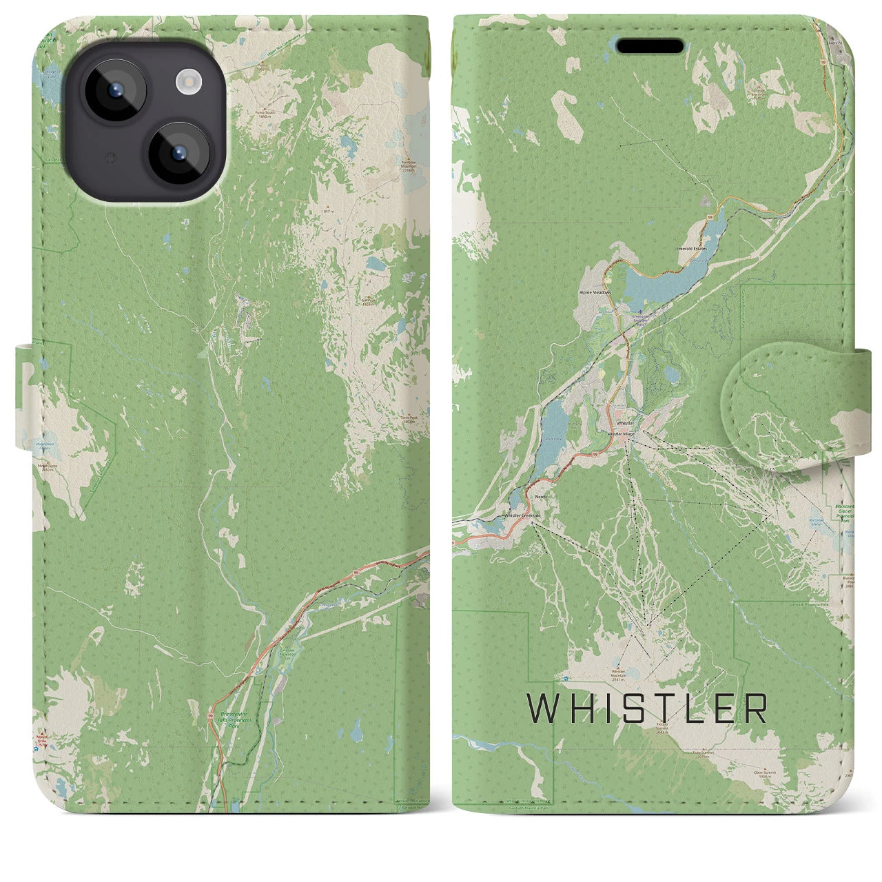 【ウィスラー(カナダ)】地図柄iPhoneケース(手帳タイプ)ナチュラル・iPhone 14 Plus 用
