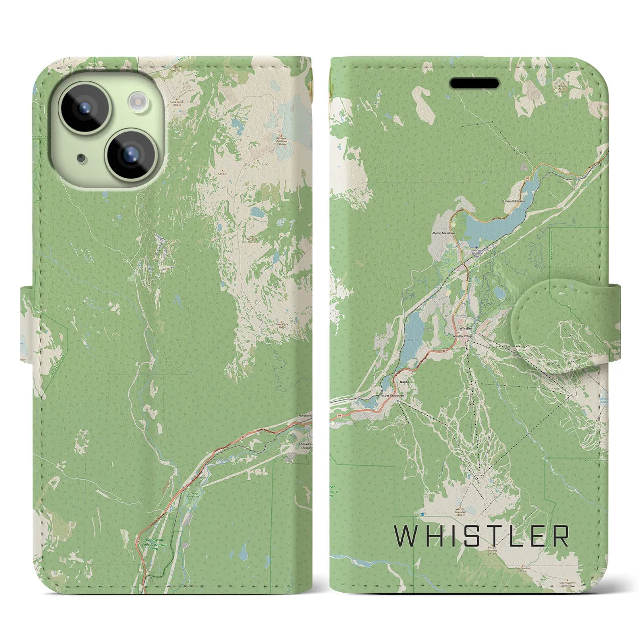 【ウィスラー(カナダ)】地図柄iPhoneケース(手帳タイプ)ナチュラル・iPhone 15 用