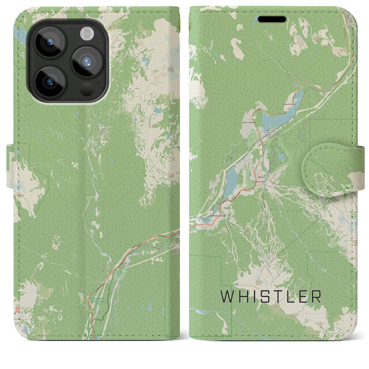 【ウィスラー(カナダ)】地図柄iPhoneケース(手帳タイプ)ナチュラル・iPhone 15 Pro Max 用