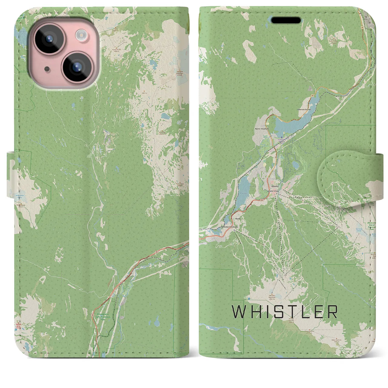 【ウィスラー(カナダ)】地図柄iPhoneケース(手帳タイプ)ナチュラル・iPhone 15 Plus 用