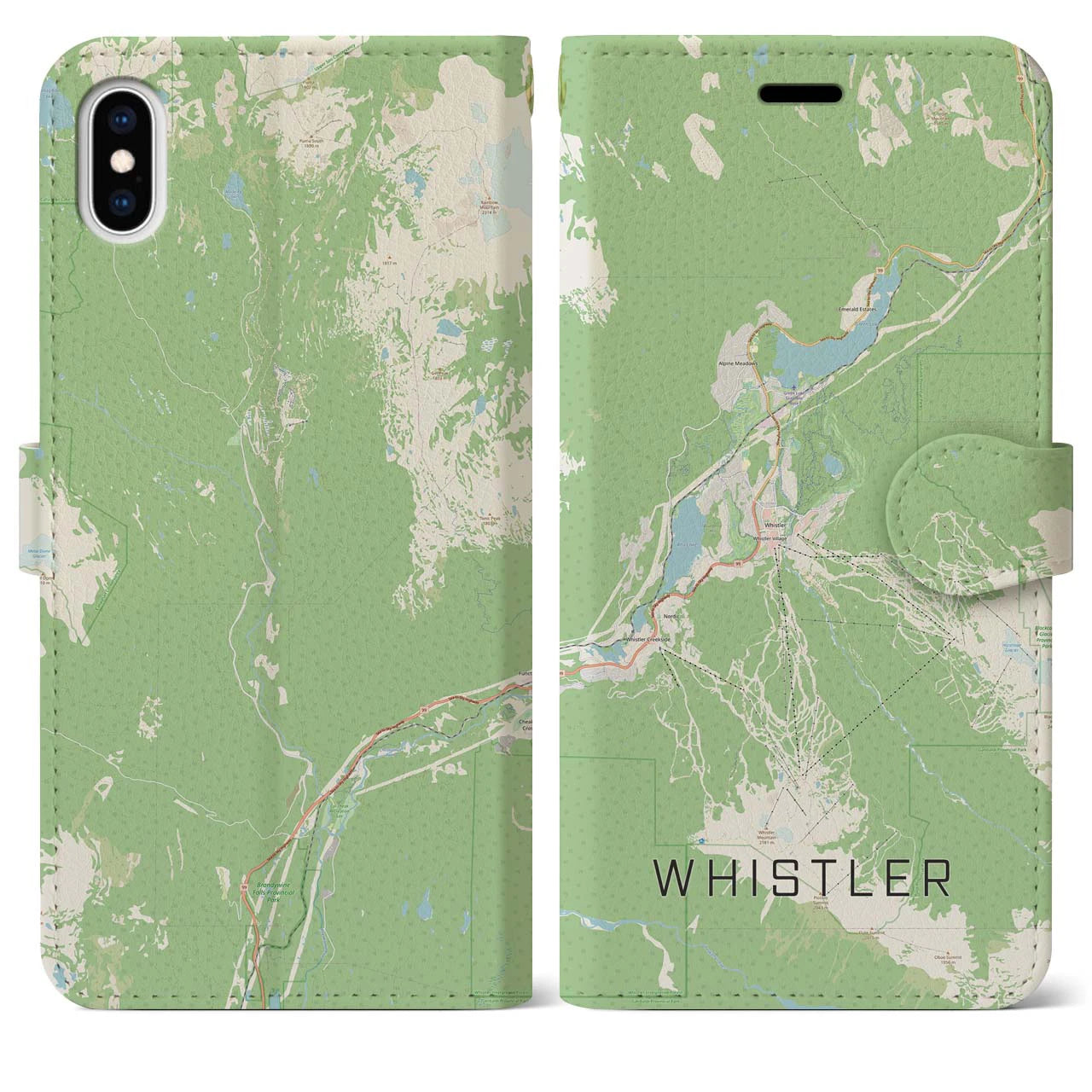 【ウィスラー(カナダ)】地図柄iPhoneケース(手帳タイプ)ナチュラル・iPhone XS Max 用
