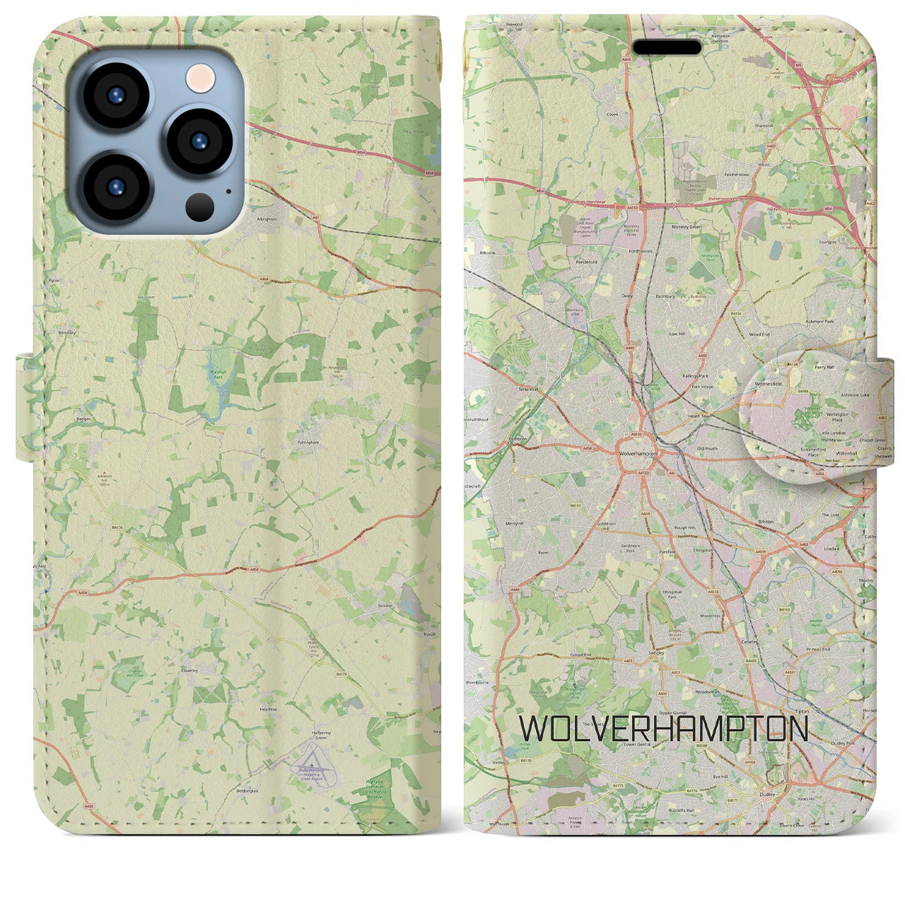 【ウルヴァーハンプトン(イギリス)】地図柄iPhoneケース(手帳タイプ)ナチュラル・iPhone 13 Pro Max 用