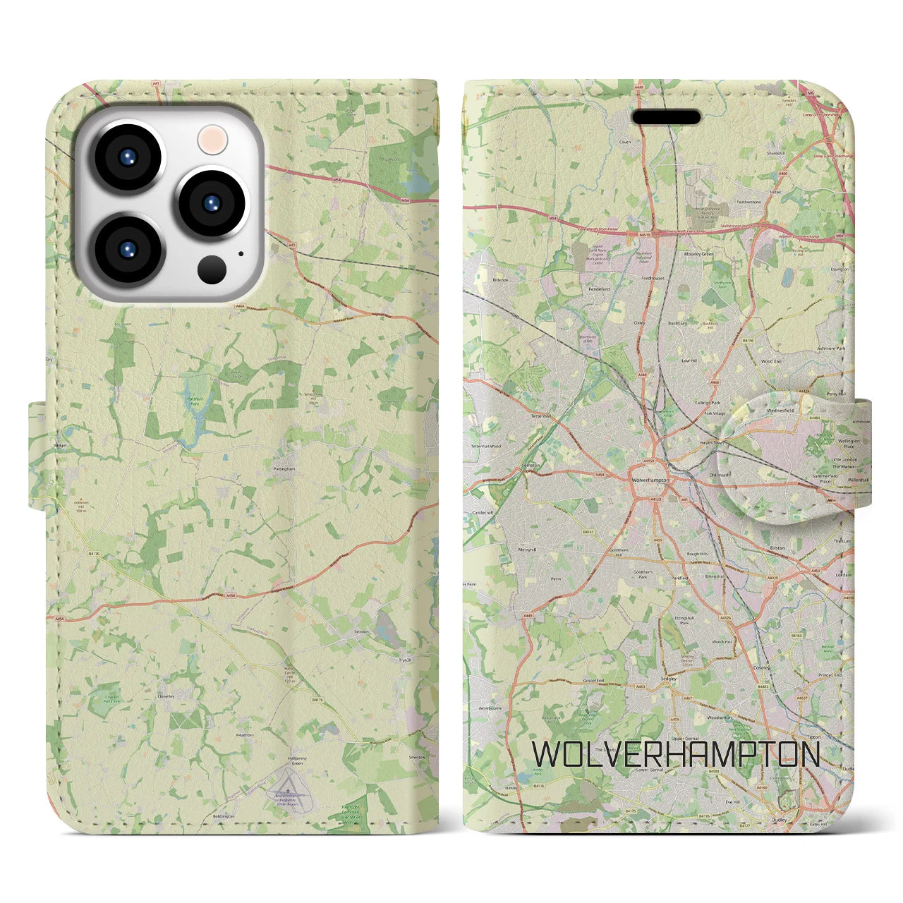 【ウルヴァーハンプトン(イギリス)】地図柄iPhoneケース(手帳タイプ)ナチュラル・iPhone 13 Pro 用