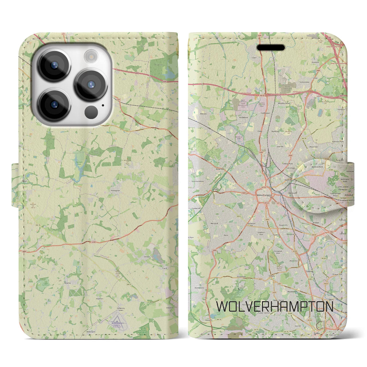 【ウルヴァーハンプトン(イギリス)】地図柄iPhoneケース(手帳タイプ)ナチュラル・iPhone 14 Pro 用