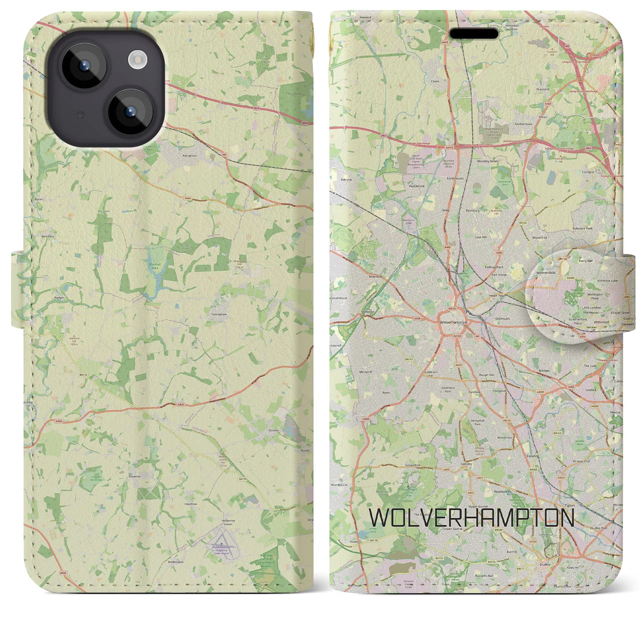 【ウルヴァーハンプトン(イギリス)】地図柄iPhoneケース(手帳タイプ)ナチュラル・iPhone 14 Plus 用