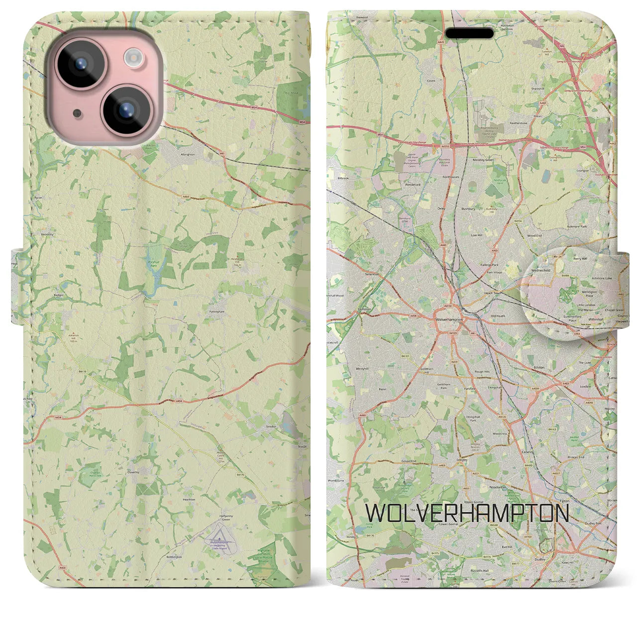 【ウルヴァーハンプトン(イギリス)】地図柄iPhoneケース(手帳タイプ)ナチュラル・iPhone 15 Plus 用