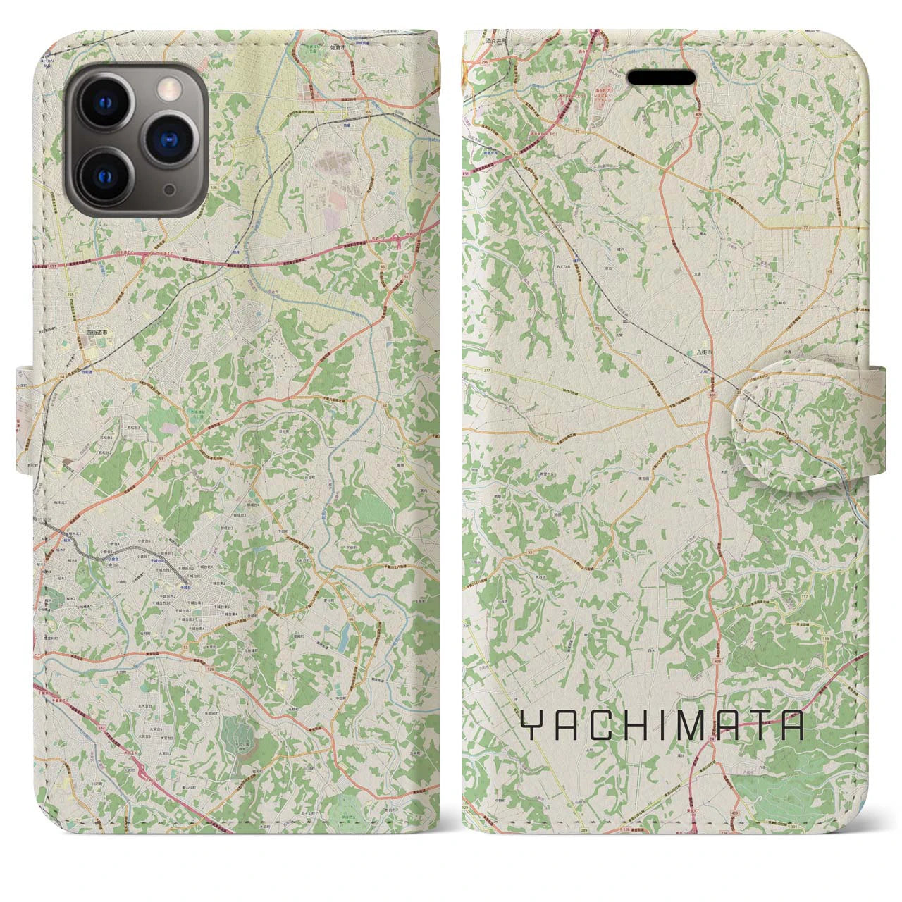 【八街(千葉県)】地図柄iPhoneケース(手帳タイプ)ナチュラル・iPhone 11 Pro Max 用