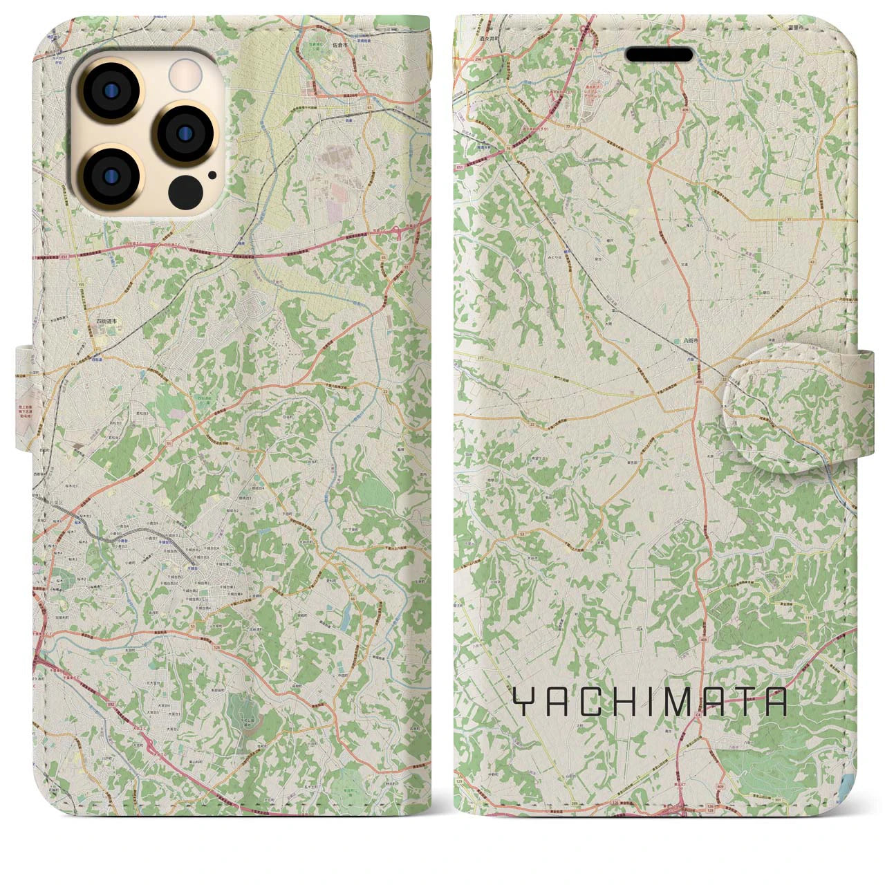 【八街(千葉県)】地図柄iPhoneケース(手帳タイプ)ナチュラル・iPhone 12 Pro Max 用