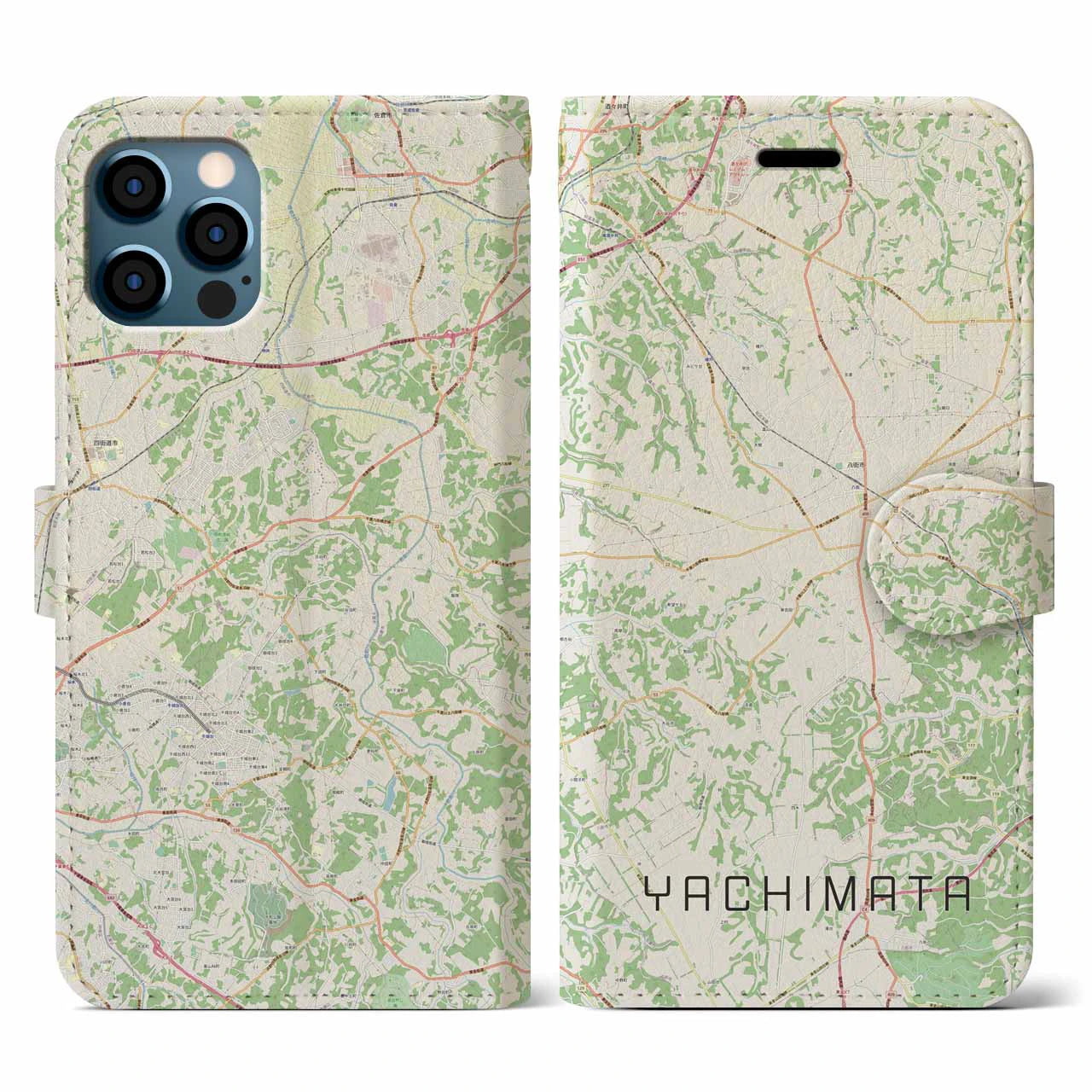 【八街(千葉県)】地図柄iPhoneケース(手帳タイプ)ナチュラル・iPhone 12 / 12 Pro 用