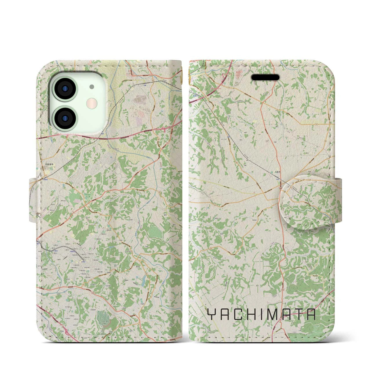 【八街(千葉県)】地図柄iPhoneケース(手帳タイプ)ナチュラル・iPhone 12 mini 用