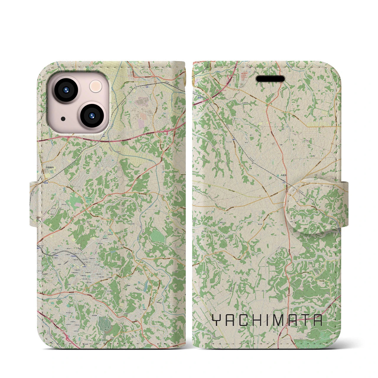 【八街(千葉県)】地図柄iPhoneケース(手帳タイプ)ナチュラル・iPhone 13 mini 用