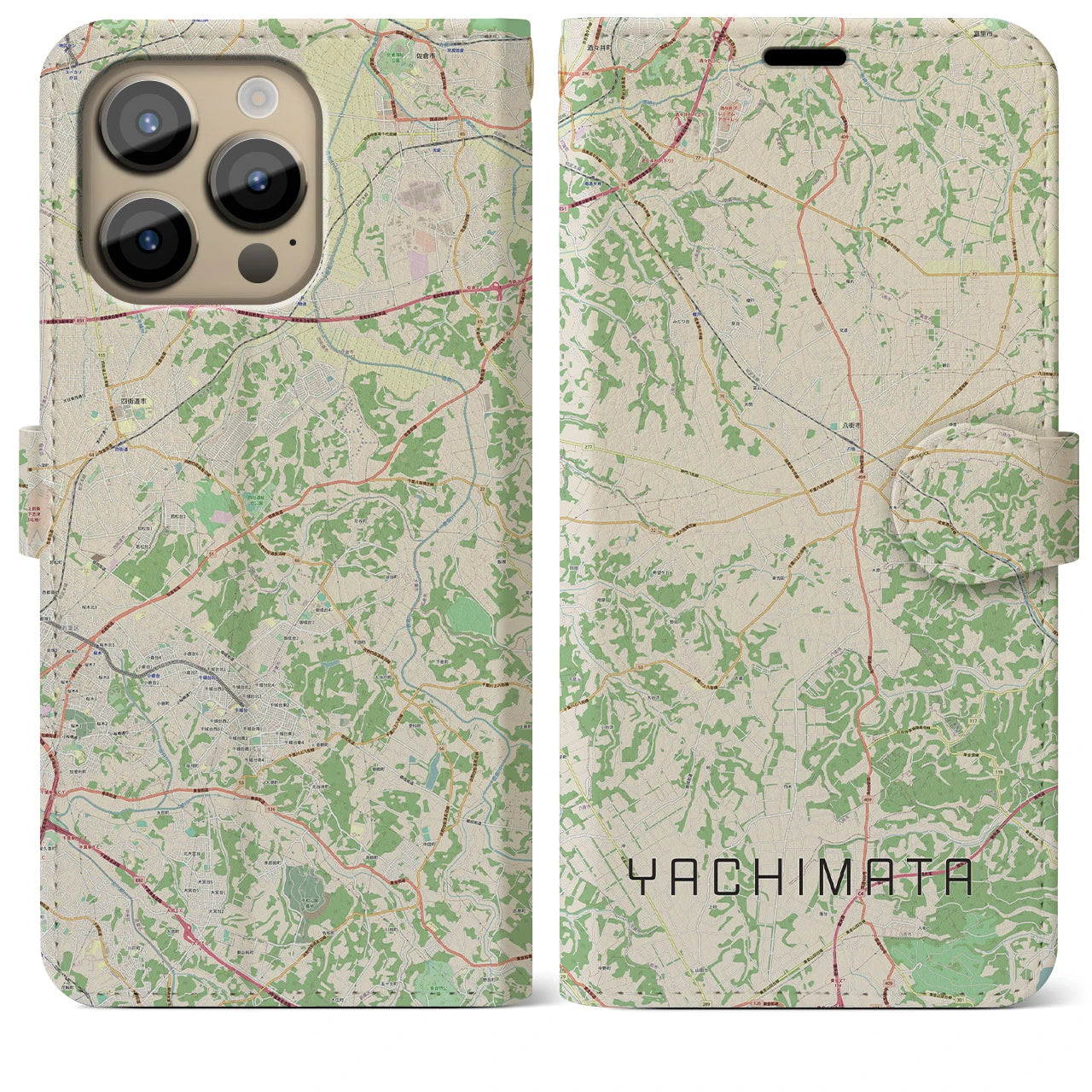 【八街(千葉県)】地図柄iPhoneケース(手帳タイプ)ナチュラル・iPhone 14 Pro Max 用