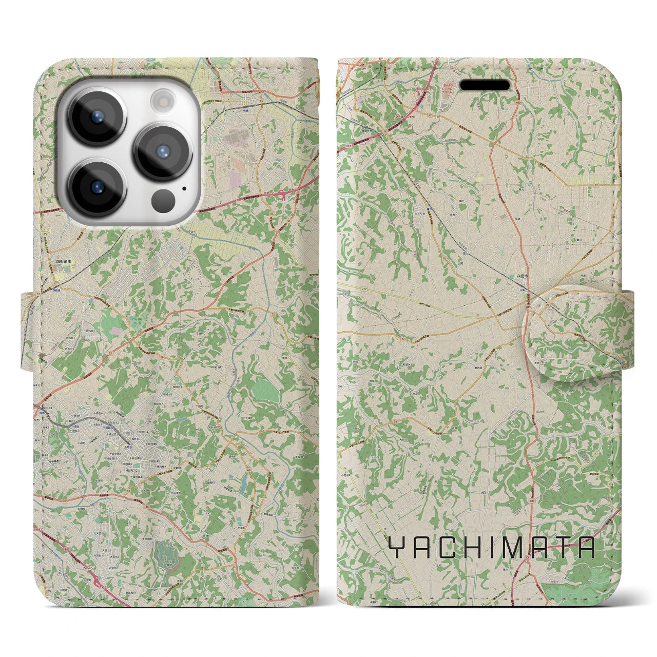 【八街(千葉県)】地図柄iPhoneケース(手帳タイプ)ナチュラル・iPhone 14 Pro 用