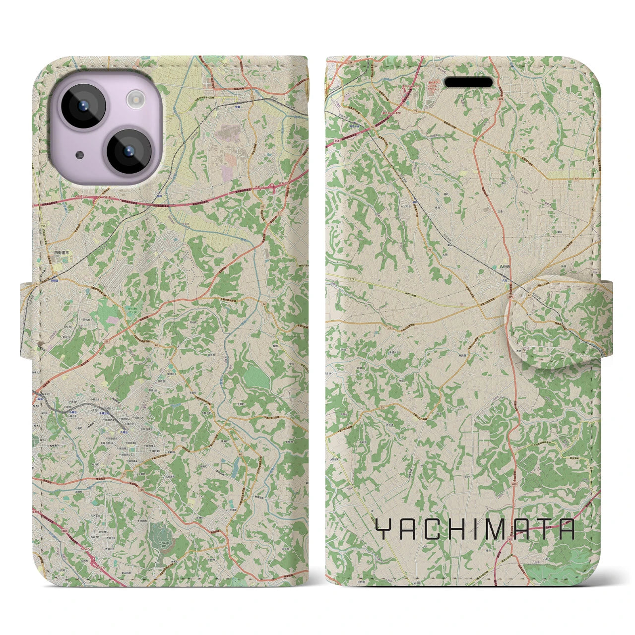【八街(千葉県)】地図柄iPhoneケース(手帳タイプ)ナチュラル・iPhone 14 用