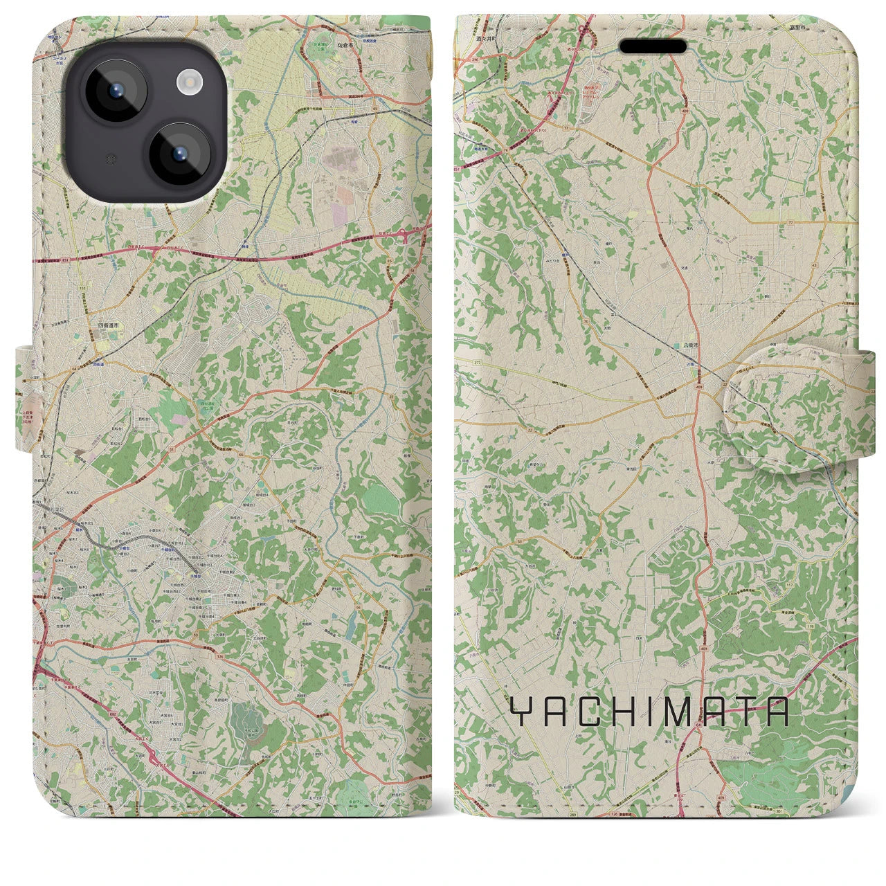 【八街(千葉県)】地図柄iPhoneケース(手帳タイプ)ナチュラル・iPhone 14 Plus 用